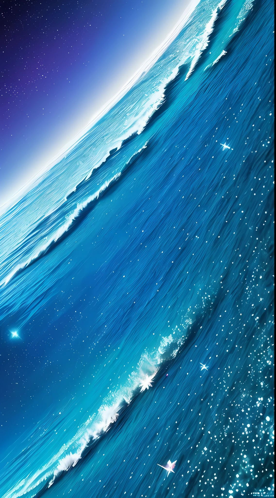 Uma praia azul brilhando com as luzes das estrelas, The water reflected the brightness of the stars, com pequenas ondas tranquilas, mar sem fim, noite, coqueiros longos, areia fina e minimamente brilhante, Obra-prima, melhor qualidade, (papel de parede 8k de unidade CG muito detalhado) (melhor qualidade), (best illustration), (melhores sombras)