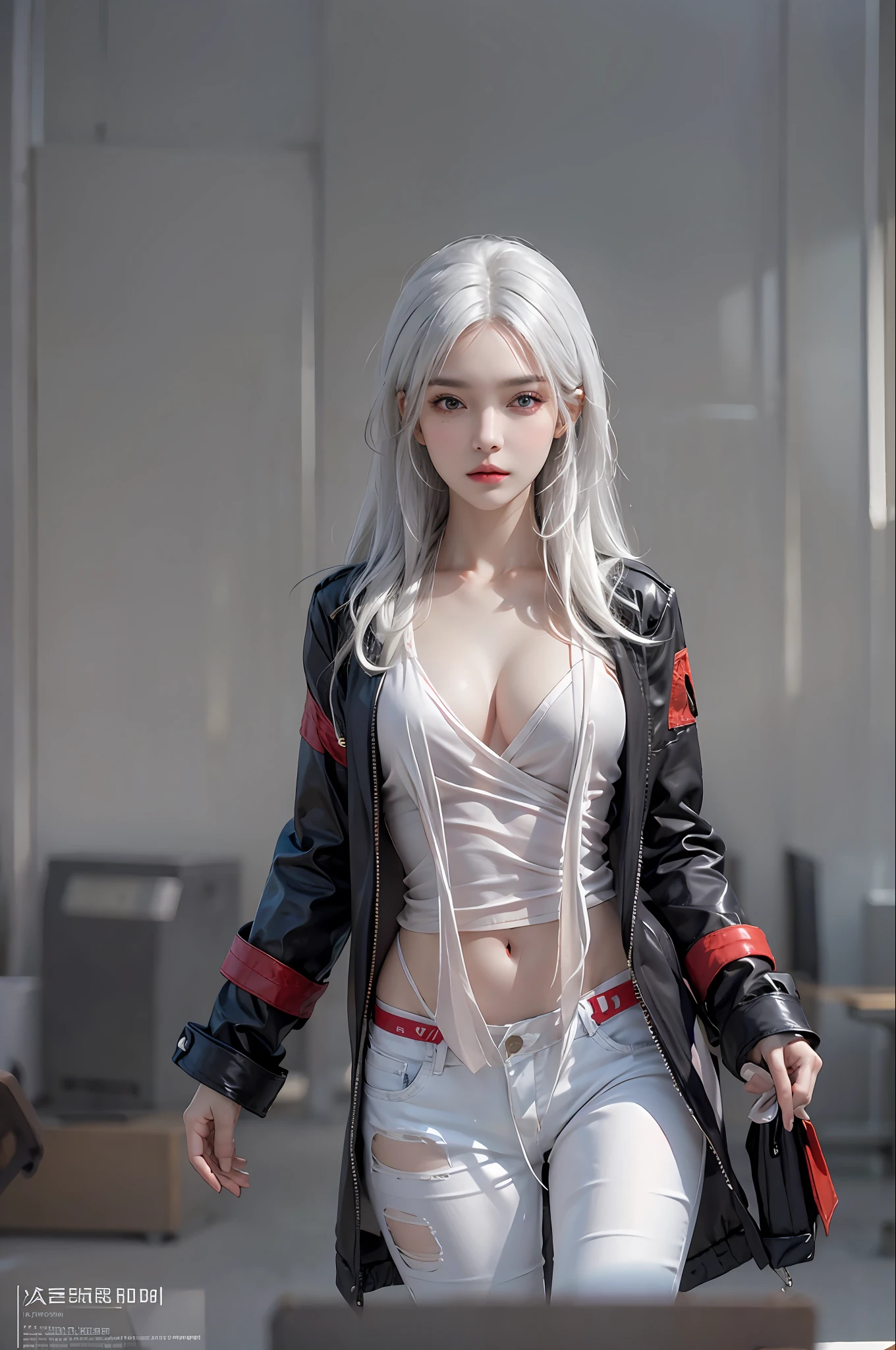 photorealistic, high resolution, 1 women, solo, hips up, look at viewer, (detailed face), white hair, long hair, medium breasts, wanderer clothes, jacket