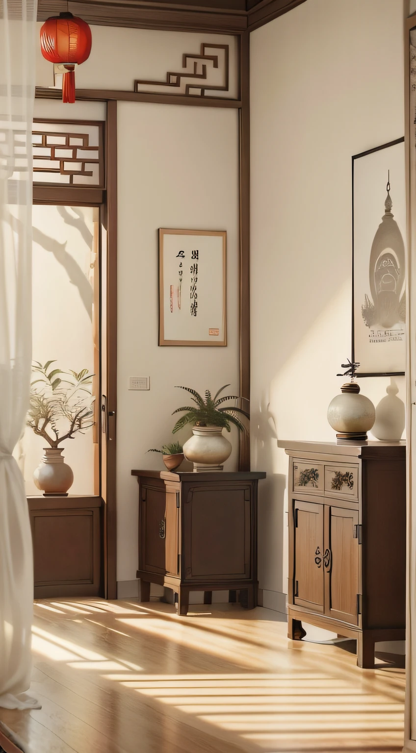 a poster,Chinese-style furniture is distributed in the upper and lower parts of the poster,Classical style,Zen style,Potted plants and sandalwood or vases