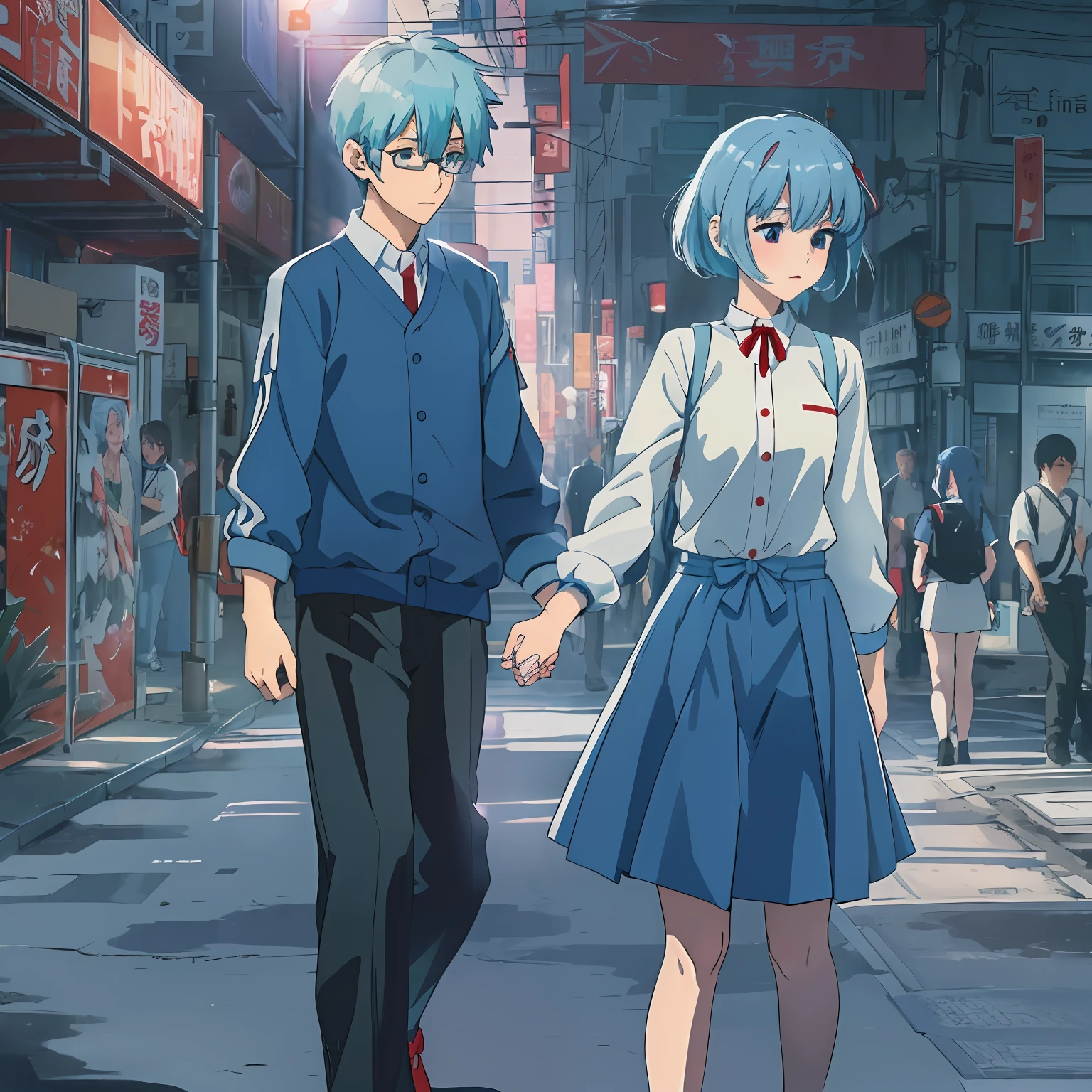 (校服),Student Couple,Rei Ayanami(Blue-haired、red eyes),Shinji Ikari(A dark-haired),Couples without height difference,Scene of holding hands