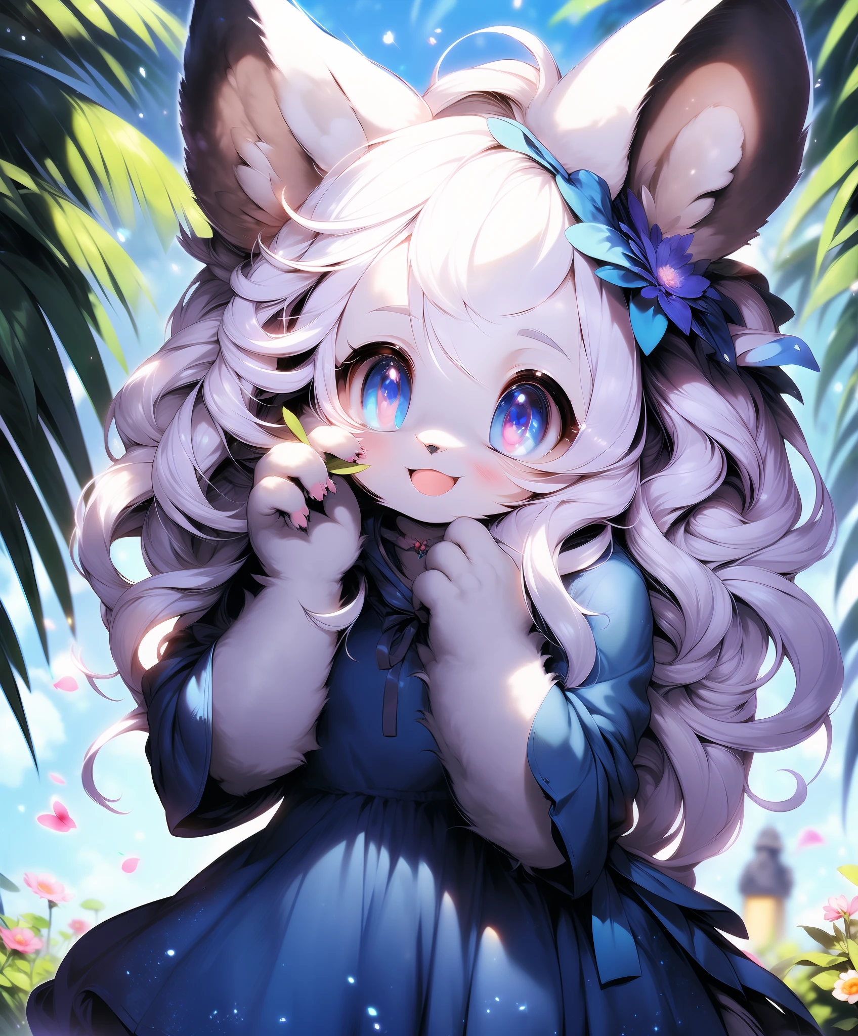 Furry girl,cat ear, Blue dress, flower sea,Smile, hair adornments, view the viewer, One hand up, Head tilt