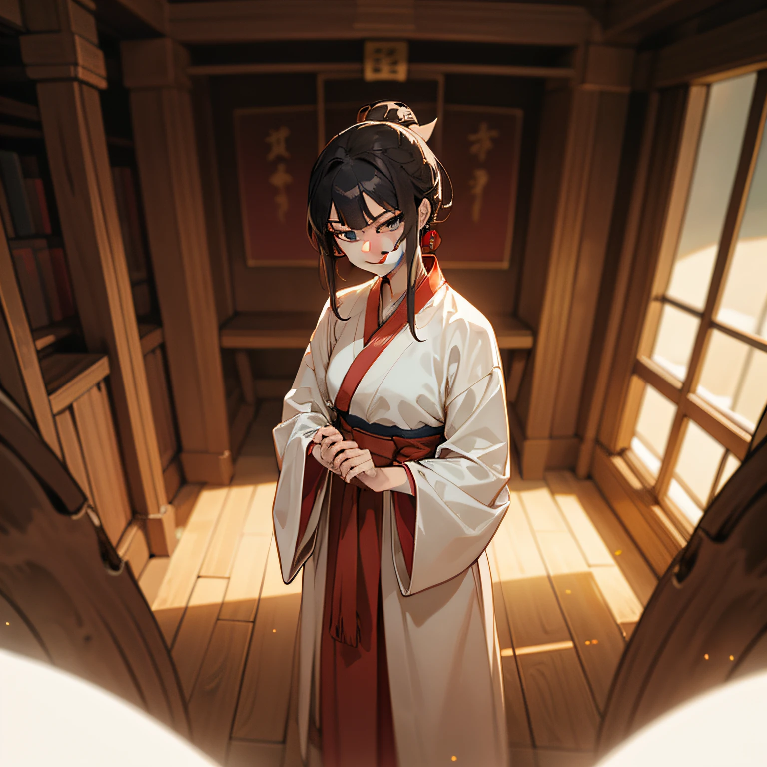 (1人)(Inside the firewood room，A woman in Hanfu，Smirking，Look down on people's eyes)