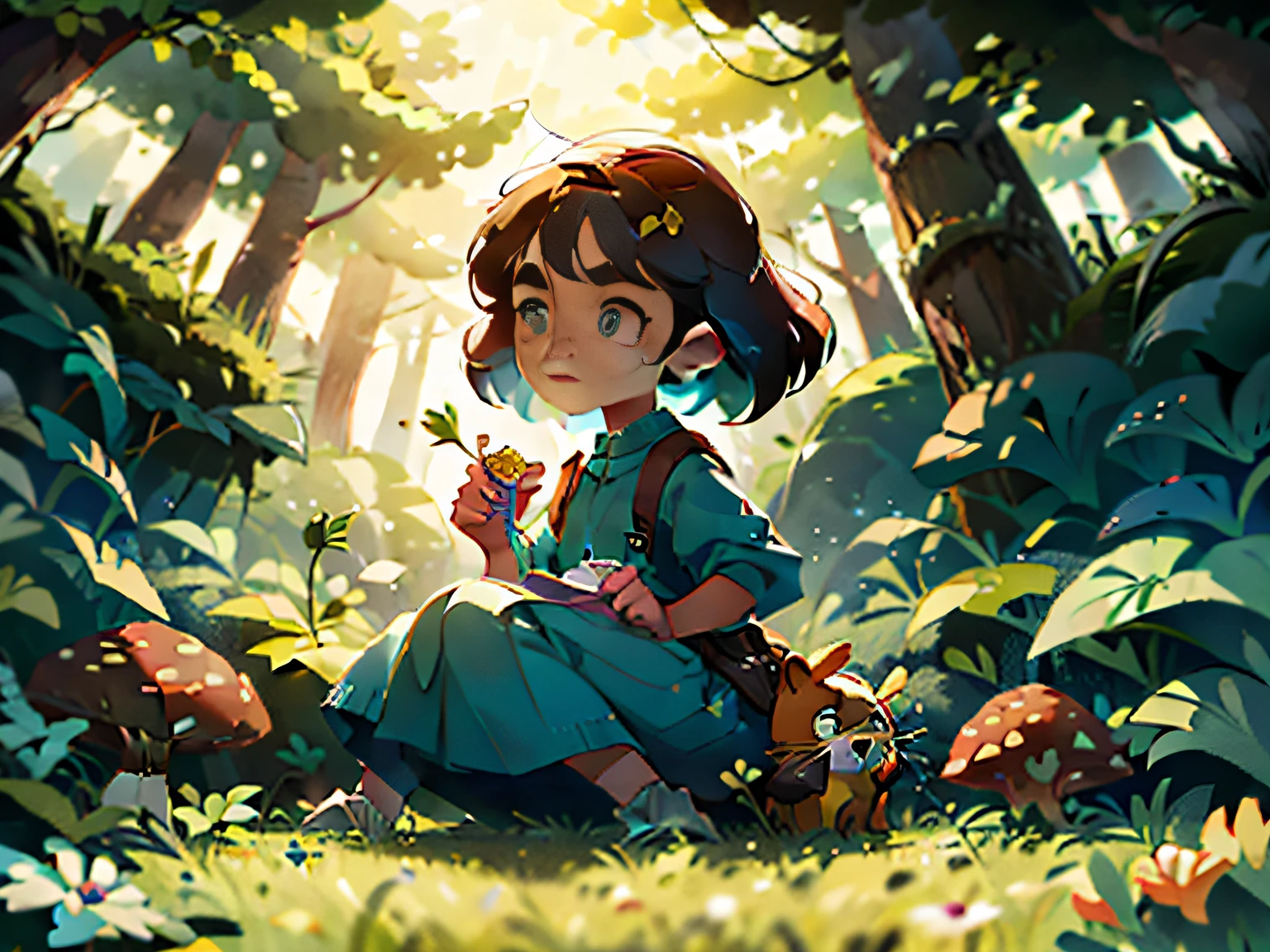 Little girl picking mushrooms in the forest，There are all kinds of small animals around，Perfect quality， （tmasterpiece：1.2） （realisticlying：1.2） （Bokeh） （best qualtiy） （detailedskin：1.3） （complexdetails） （8K） （detailedeyes） ,Disney  style，by Pixar，