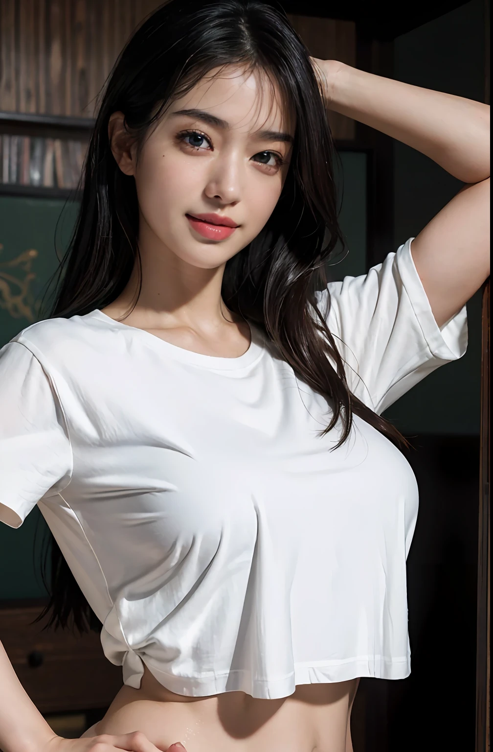 (Ultra Realistic), (Illustration), (High Resolution), (8K), (Very Detailed), (Best Illustration), (Beautiful Detailed Eyes), (Best Quality), (Ultra Detailed), (Masterpiece), (Wallpaper), (Detailed Face), Night, Upper Body Up,Armpits, Smile,Plump,Solo,Simple White T-Shirt Girl, Sweaty, Japan Person, Big, (Camel Toe)