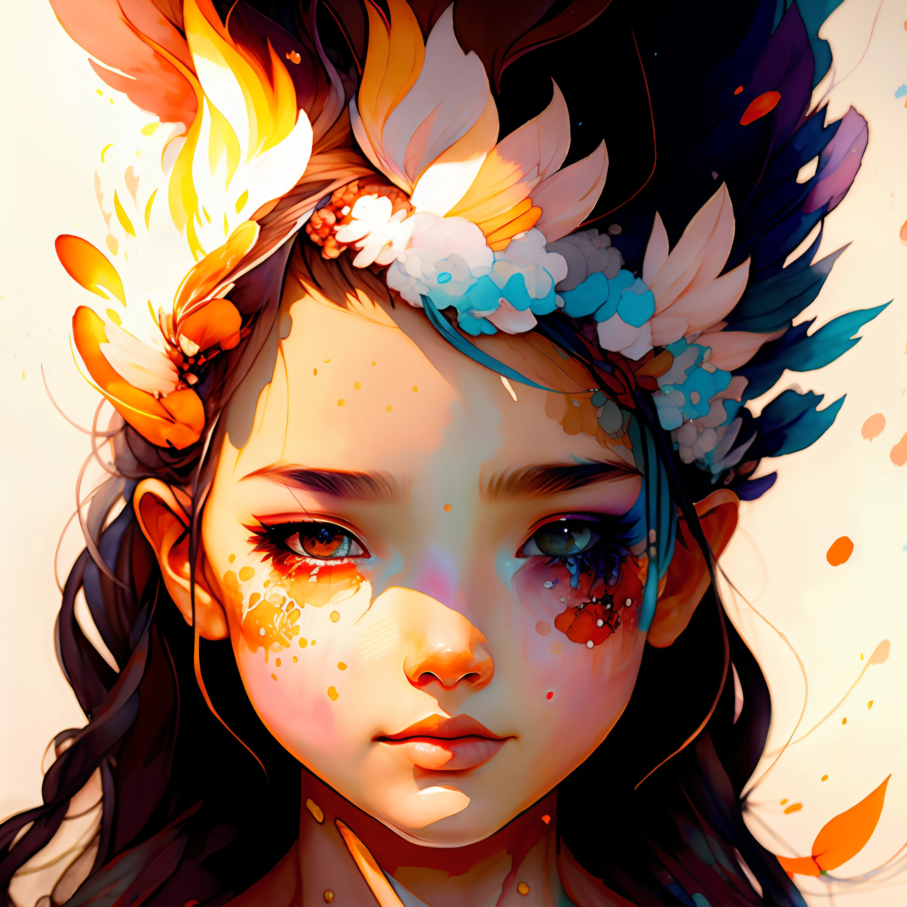 wtrcolor style、(Bonfire characters) Digital Art、Official Art、frontage、a smile、​masterpiece、Beautiful fece、((aquarelle))、Face Paint、Splatters of paint、intricate detailes。Highly detailed and detailed eyes、[dripping:0.5]、ArtStation Trends、Rachel Walker 作