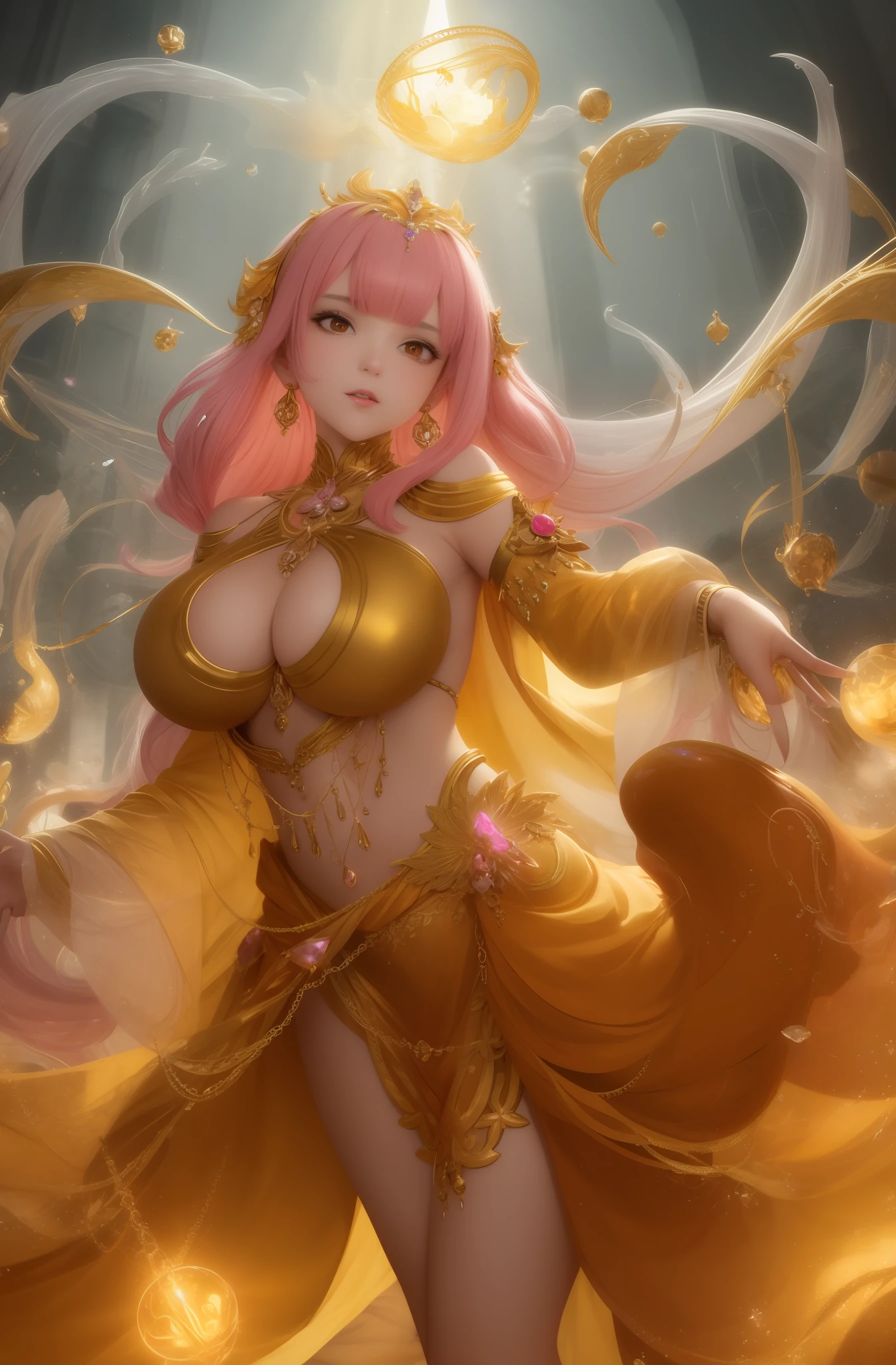 Masterpiece, 4k wallpaper, Cinematic light, absurderes, protrait 1girl, amber hair, Silver earrings, (little crystal floating:0.6), Crystal floats, particle glowing, Fantastic gold costume,huge tit,nedium breasts,Pink hair