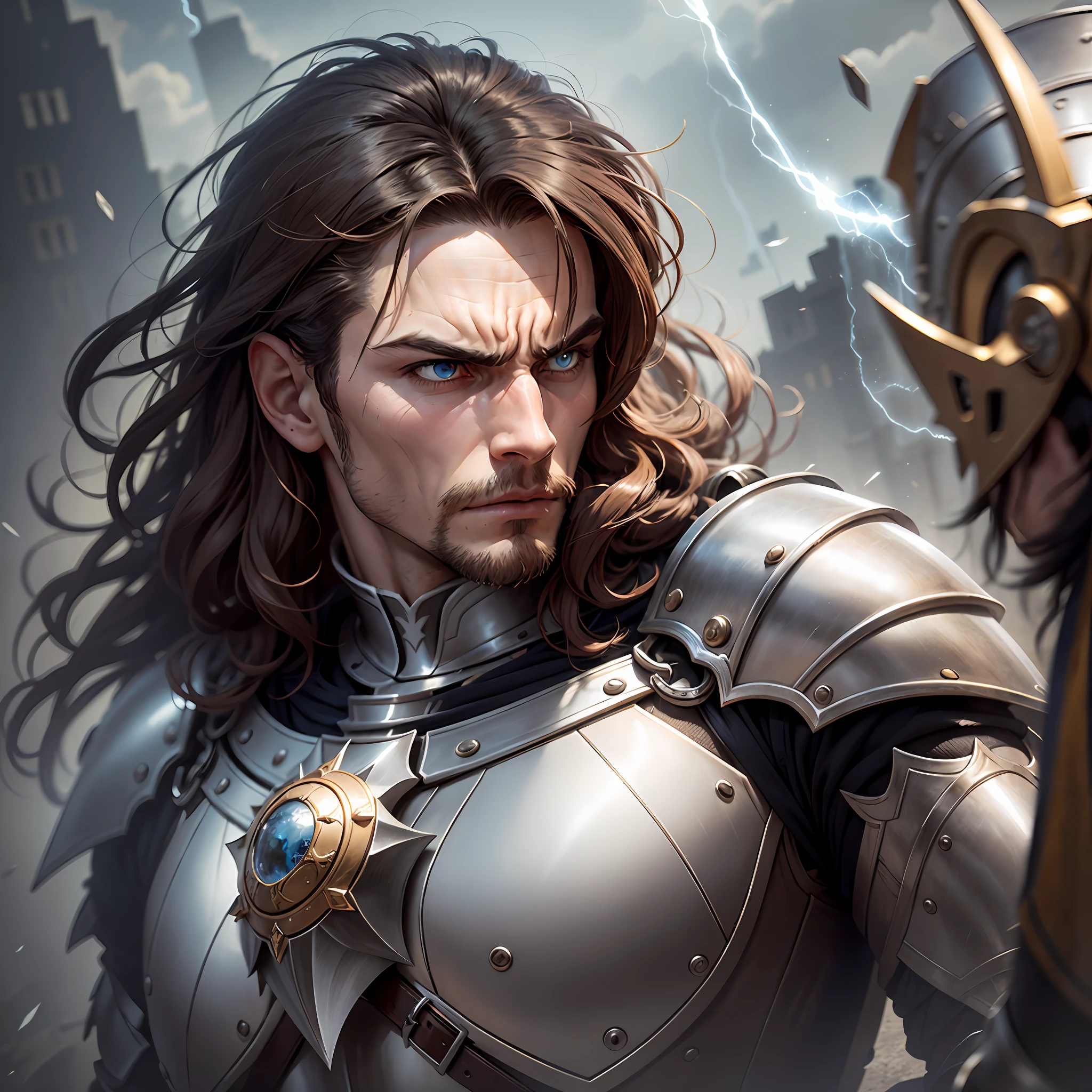 （tmasterpiece、Need、ultra-delicate、A high resolution），malefocus，(((cavalier)))，(((Muscular macho)))，(((muscule detail)))，（（（armor）））posed for photo，The expression is angry，（He blocked the front with one hand，Head on`Shoot him from a storm of bullets from the front），borgar，background detail，（（（full bodyesbian`Side lens））），(((Knight huge sense)))