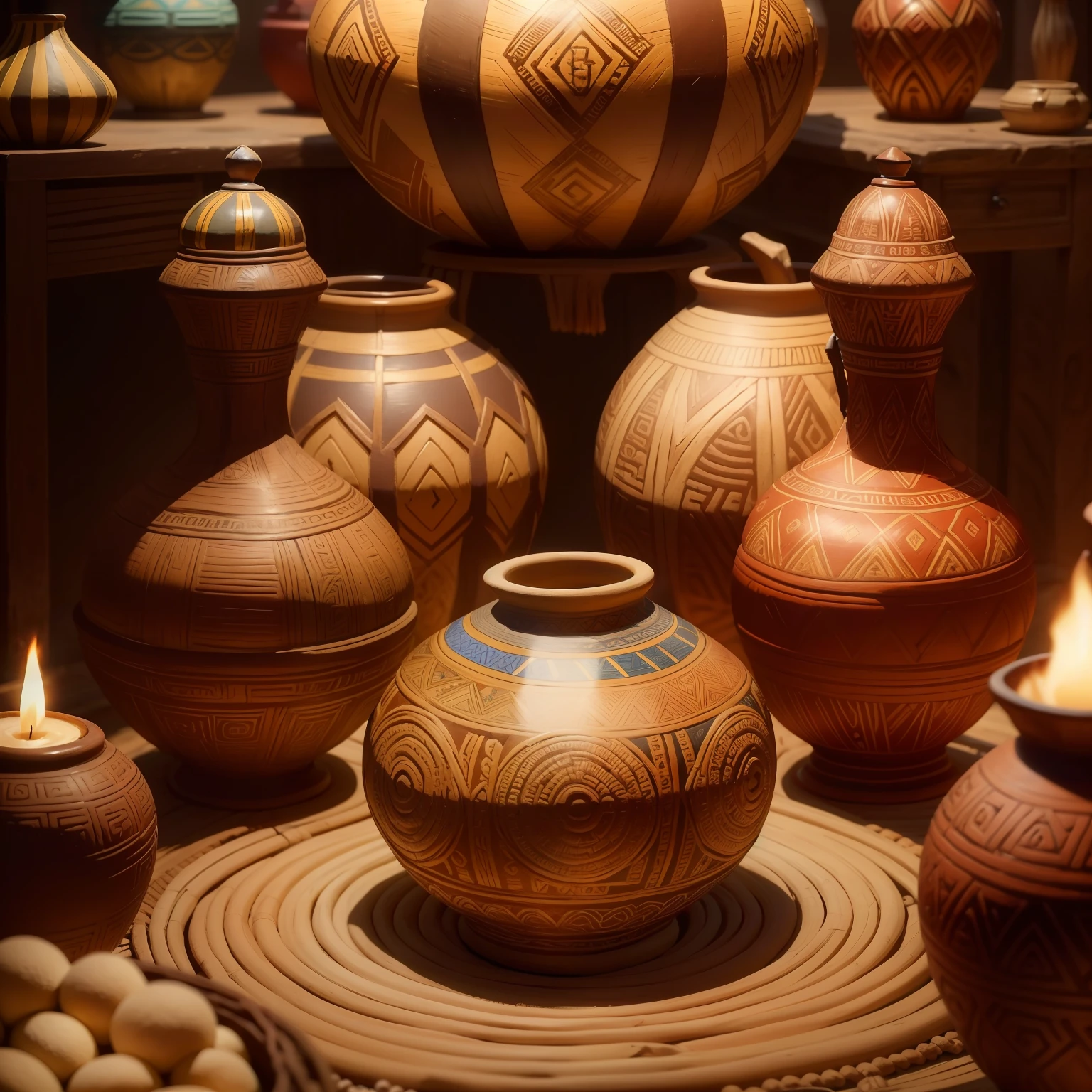 You are about to explore a magnificent and extremely detailed image of African vases with an authentic and rustic style. Nesta cena cativante, You'll find a variety of richly ornate vases, all meticulously crafted by skilled African artisans. Each vase displays intricate patterns, intertwining with ancestral symbols that tell ancient stories and enrich African culture.
The image quality is impressive, allowing you to appreciate every minutia of the vessels, from the rough textures of clay to the vibrant colors that stand out with authenticity. The scenery is illuminated in a sublime way, revealing every detail and creating a magical atmosphere that conveys the essence and tradition of Africa.
Prepare-se para uma jornada visual fascinante, where African vases come to life with their unparalleled beauty and you are transported to the heart of African culture through a high-quality image and richness of detail.