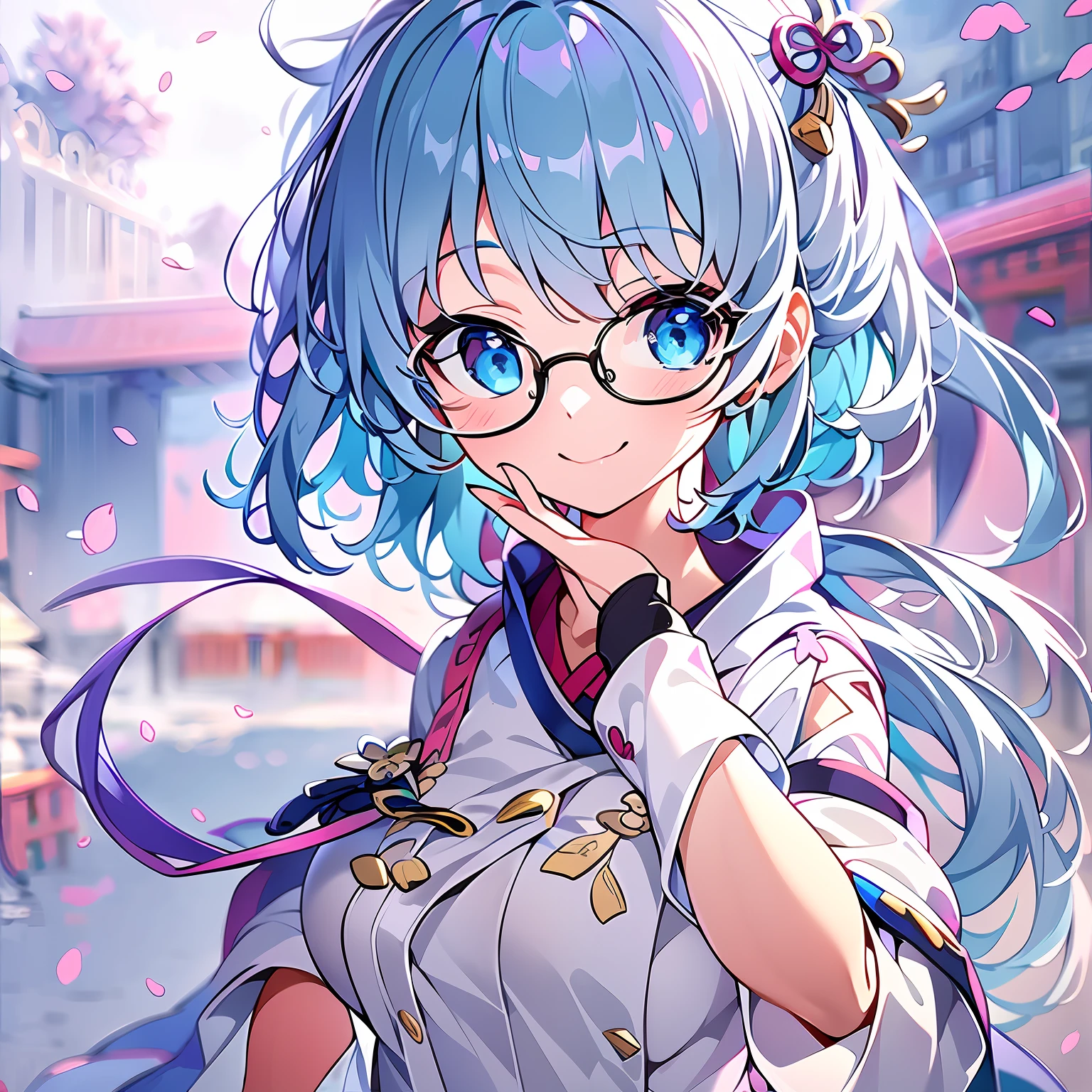 (masterpiece), best quality, expressive eyes, perfect face, white miko uniform, beautiful face, detailed eyes, blue hair, short hairstyle, dynamic angle, gorgeous pose, smile gently, glasses