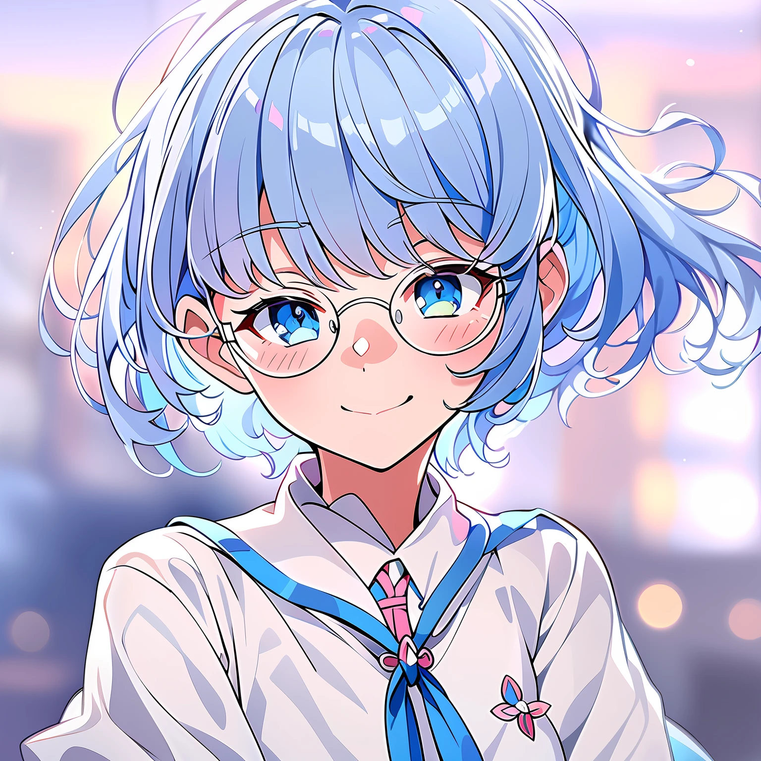 (masterpiece), best quality, expressive eyes, perfect face, white miko uniform, beautiful face, detailed eyes, blue hair, short hairstyle, dynamic angle, gorgeous pose, smile gently, glasses