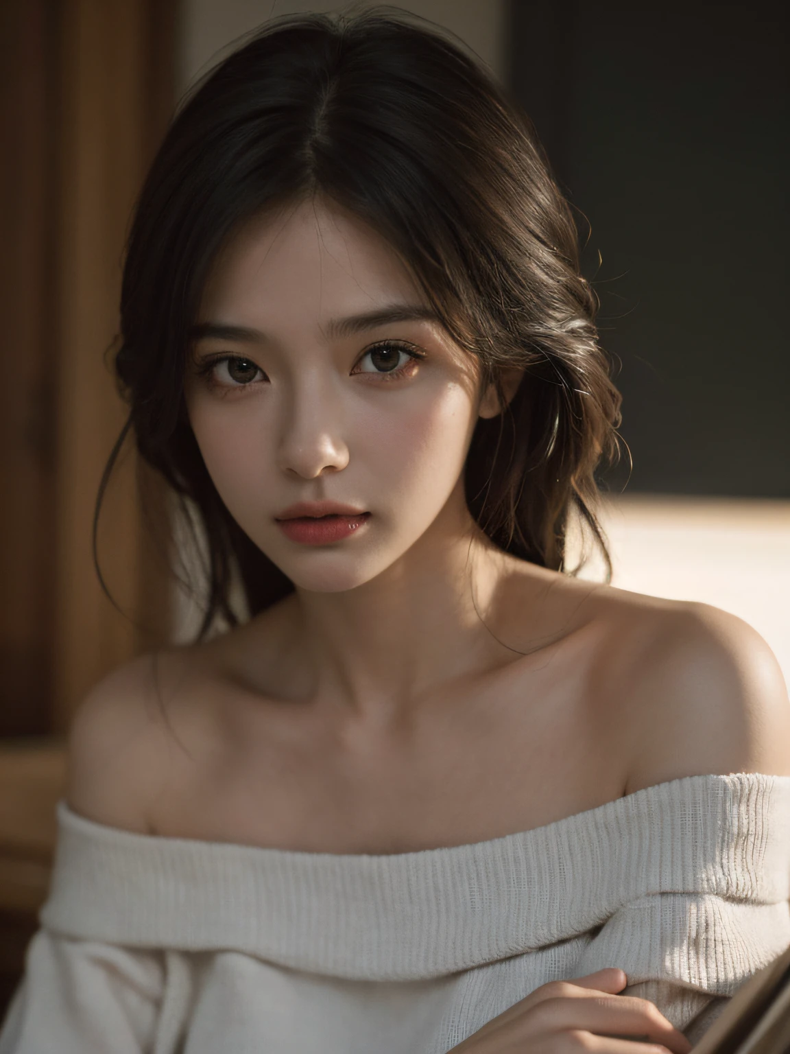 Best quality, masterpiece, ultra high res, (photorealistic:1.4), raw photo, 1girl, off shoulder, cinematic lighting