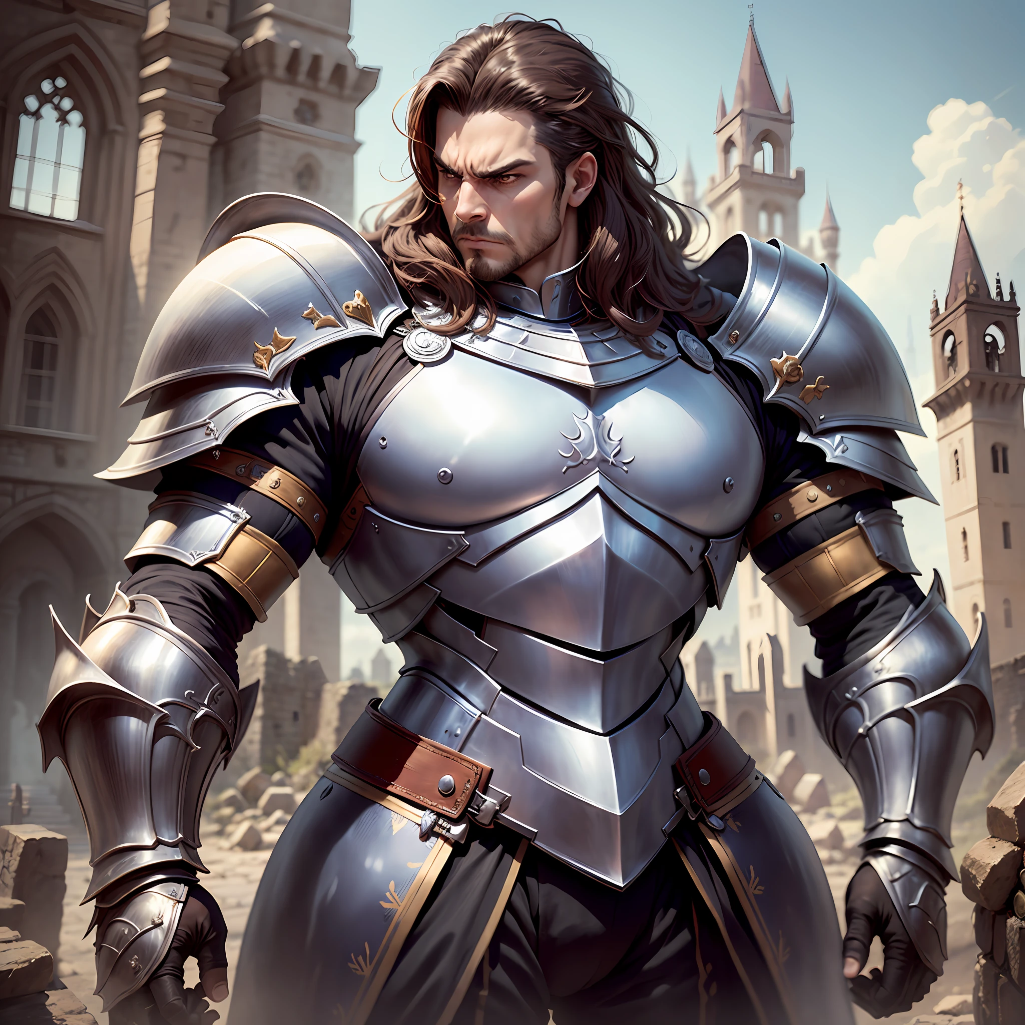 (tmasterpiece、Need、ultra-delicate、A high resolution),malefocus,(((cavalier))),(((Muscular macho))),(((muscule detail))),(((armor)))posed for photo,The expression is angry,Castle ruins,background detail,(((full bodyesbian))),(((Knight huge sense)))