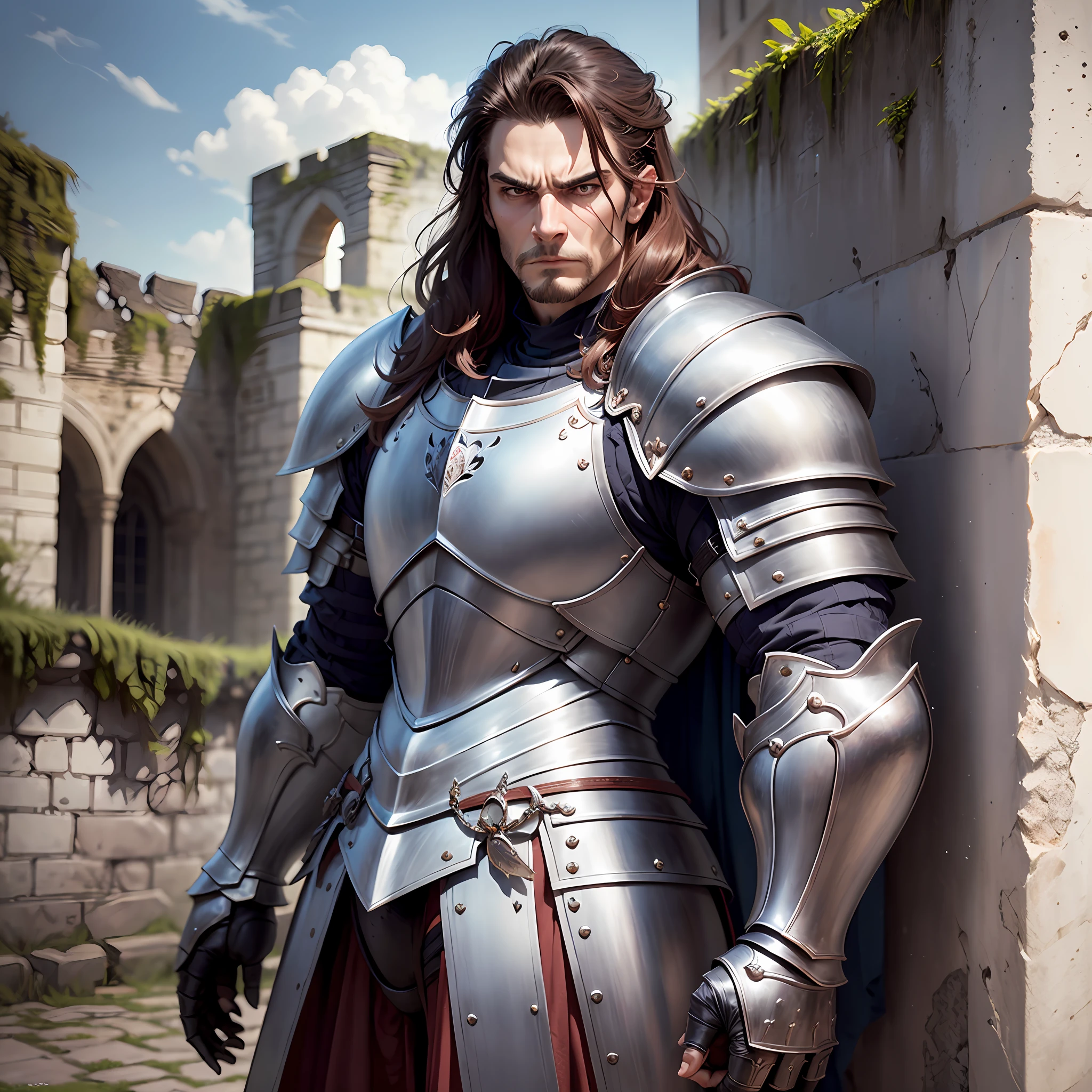 （tmasterpiece、Need、ultra-delicate、A high resolution），malefocus，(((cavalier)))，(((Muscular macho)))，(((muscule detail)))，（（（armor）））posed for photo，The expression is angry，Castle ruins，background detail，（（（full bodyesbian））），(((Knight huge sense)))