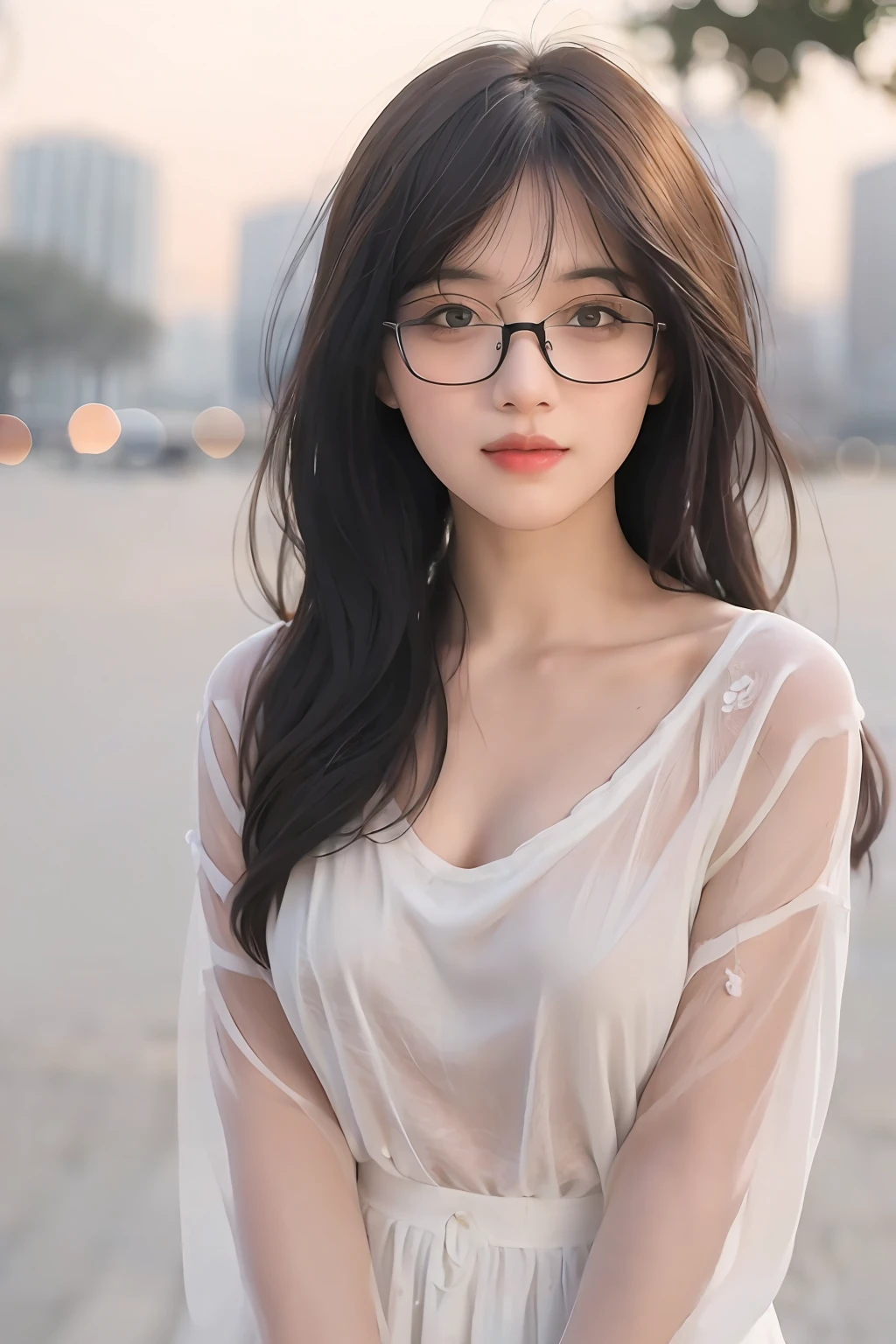 20 years old woman, glasses eyes ,((at park)) ,(hair bangs, black medium hair:1.1), (wedding dress), RAW photo, (photorealistic:1.37, realistic), highly detailed CG unified 8K wallpapers, 1girl, ((looking at viewer)), (((straight from front))), (HQ skin:1.8) 8k uhd, dslr, soft lighting, high quality, film grain, Fujifilm XT3, ((upper body:1.2)) (professional lighting:1.2)