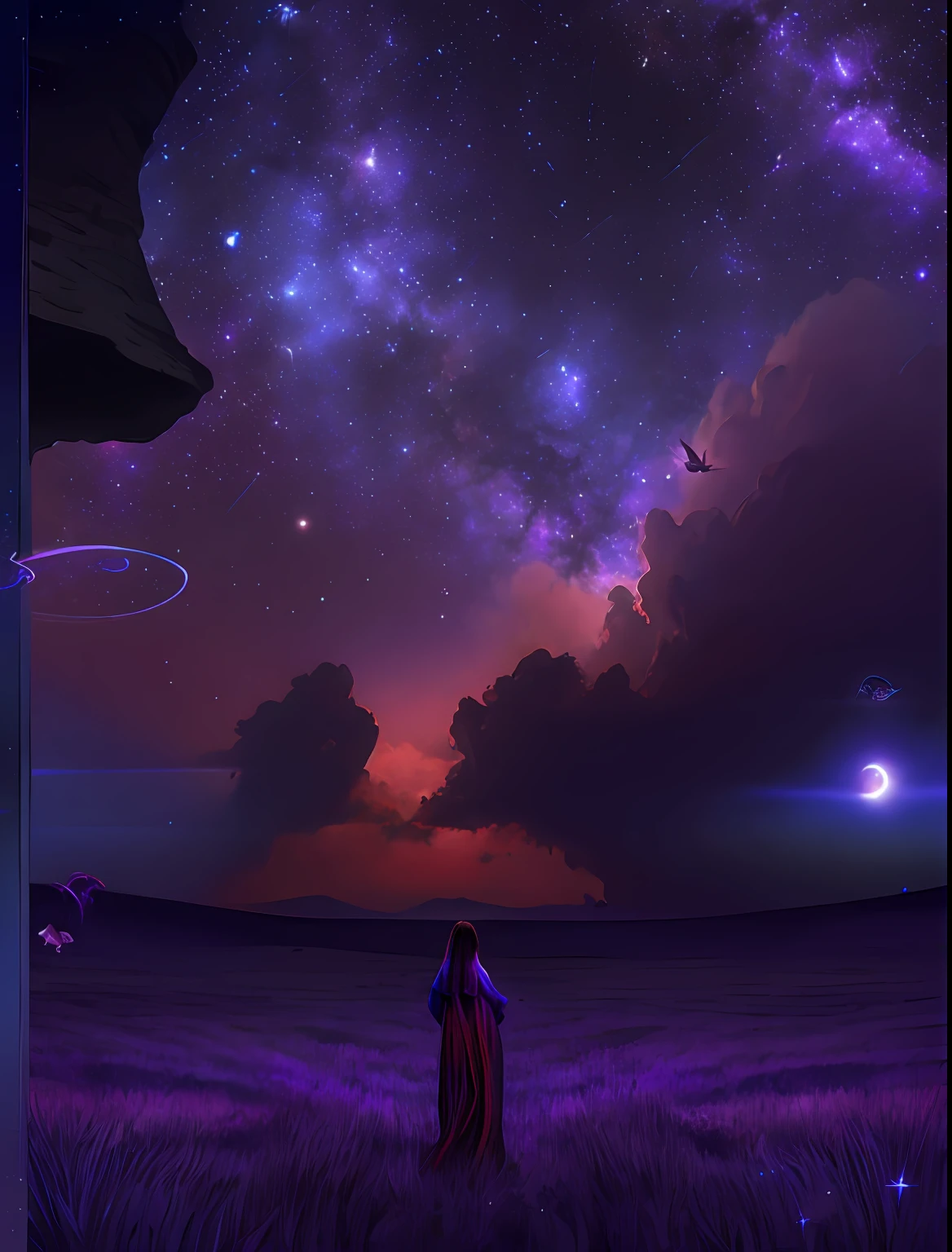 purple and blue night sky with stars and a woman in a long red dress, dreamlike digital painting, lost in a dreamy fairy landscape, dreamy matte painting, beautiful and mysterious, magical colors and atmosphere, dreamy night, tranquility of the endless stars, looking out into the cosmos, girl looks at the space, night scenery, magical colours and atmosphere, surreal dreamscape