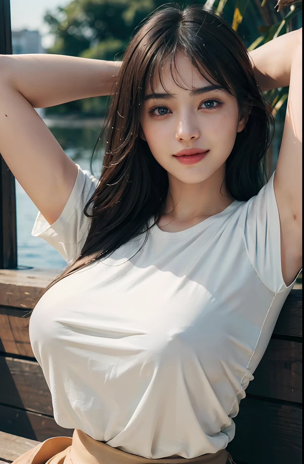 (Ultra Realistic), (Illustration), (High Resolution), (8K), (Very Detailed), (Best Illustration), (Beautiful Detailed Eyes), (Best Quality), (Ultra Detailed), (Masterpiece), (Wallpaper), (Detailed Face), Night, Upper Body Up,Armpits, Smile,Plump,Solo,Simple White T-Shirt Girl, Sweaty, Japan Person, Big, (Camel Toe)
