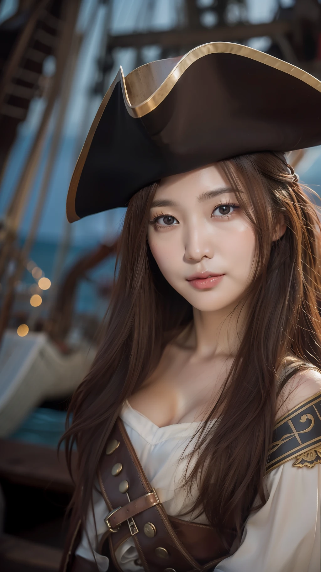 (Masterpiece), Best quality, Expressive eyes, Perfect face, photograph of-realistic (1 cute Korean star) Shoulder-length hair, thin makeup, medium breasts size, A slight smil, wearing pirate cosplay, pirate ship in background, clear facial features of Canon EOS, 16k, high resolution, sharp and realistic details.