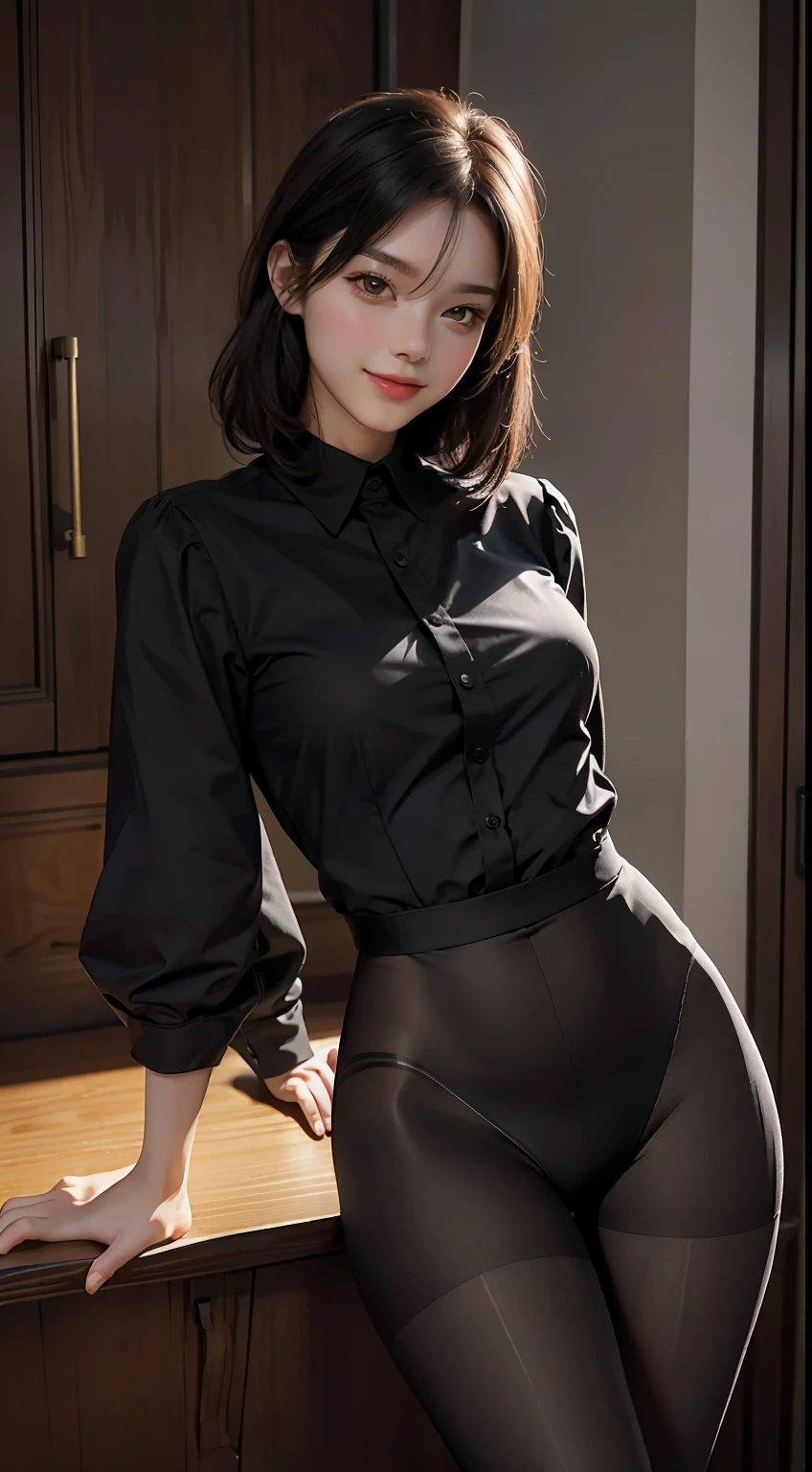 Best Quality, Full Body Portrait, Cinematic Texture Shots, Delicate Face, Beautiful Face, 20 Year Old Woman, Smiling, Slim Figure, Small Bust, OL Uniform, Office Wear, (Black Pantyhose), (No Panties), Interior Scene, Office, Seated