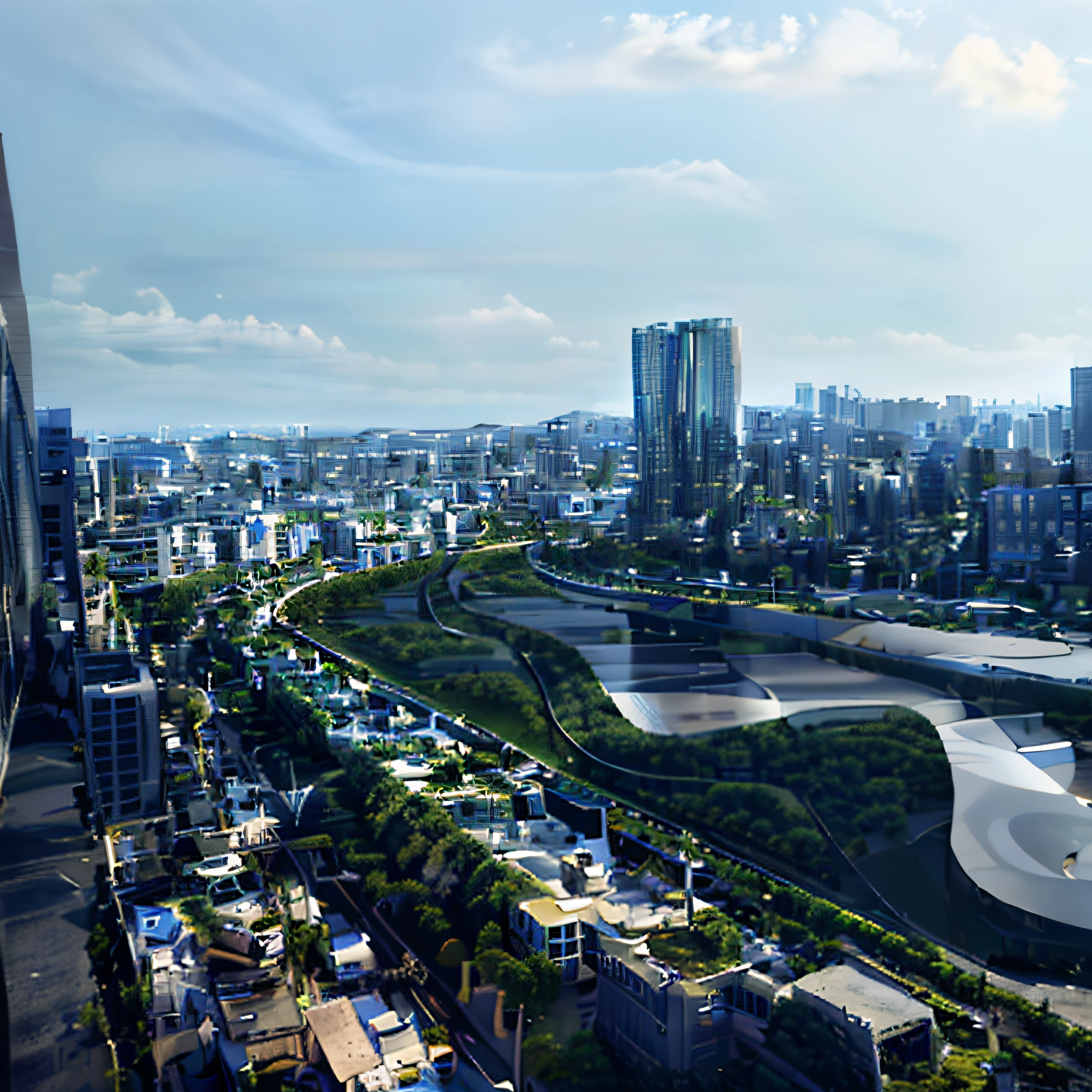 (blue river in the middle, with a river running through it, street top view,green meadows, High-definition realistic picture quality。realisticlying,8k,)