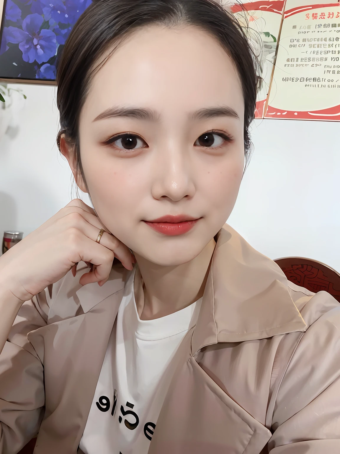 There was a woman sitting at the table,Carrying a plate of food, xintong chen, zeng fanzh, wenfei ye, jinyiwei, Zhang Pengzhen, Li Zixin, zmonzheng, huifeng huang, 8k selfie photograph,, 3 0 years old woman, 30 year-old woman