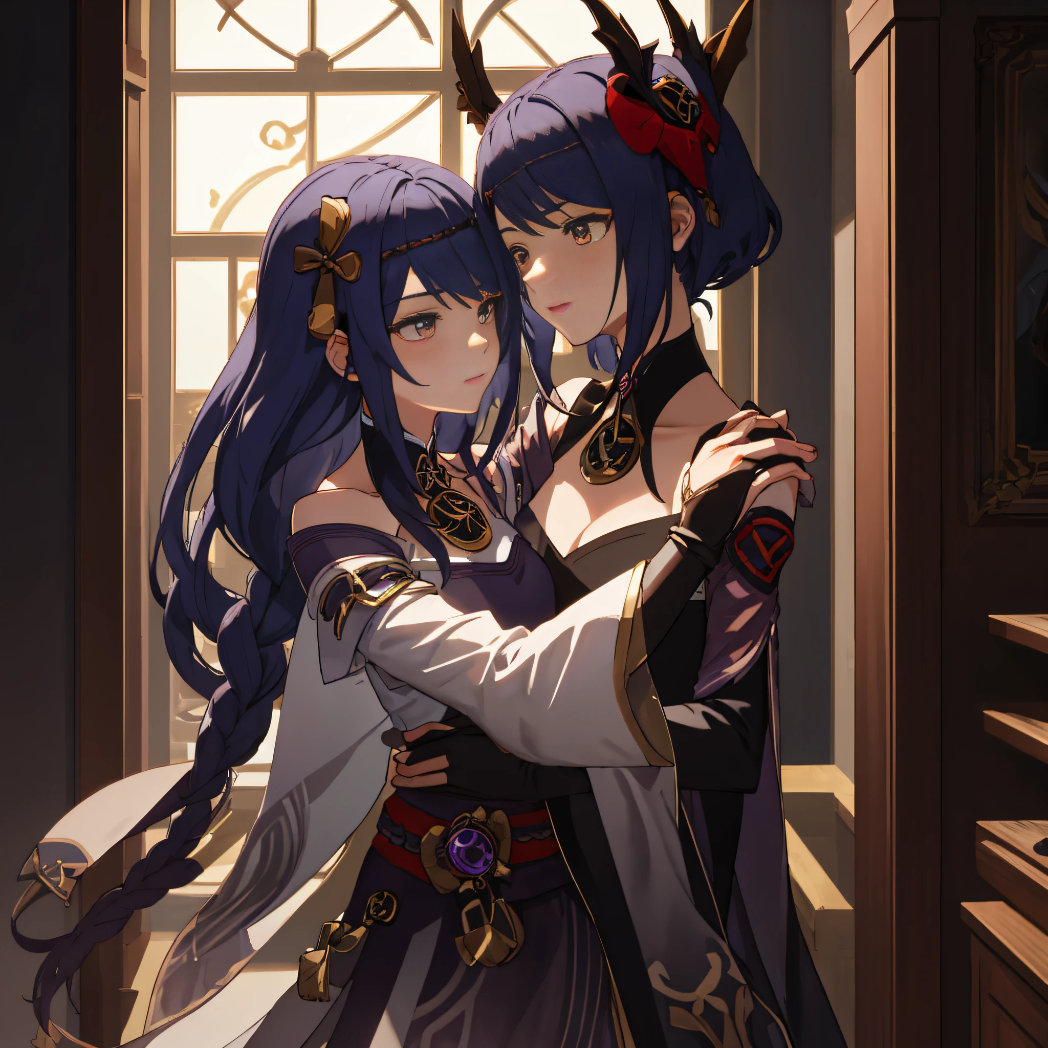 Anime couple hugging in front of a large window with a clock, Keqing from Genshin Impact, genshin, Ayaka Genshin Impact, Zhongli from Genshin impact, from the azur lane videogame, Onmyoji Portrait, Genshin Impact, Game Ayaka Genshin Impact, Onmyoji Detail Art, charachter: Genshin Impact