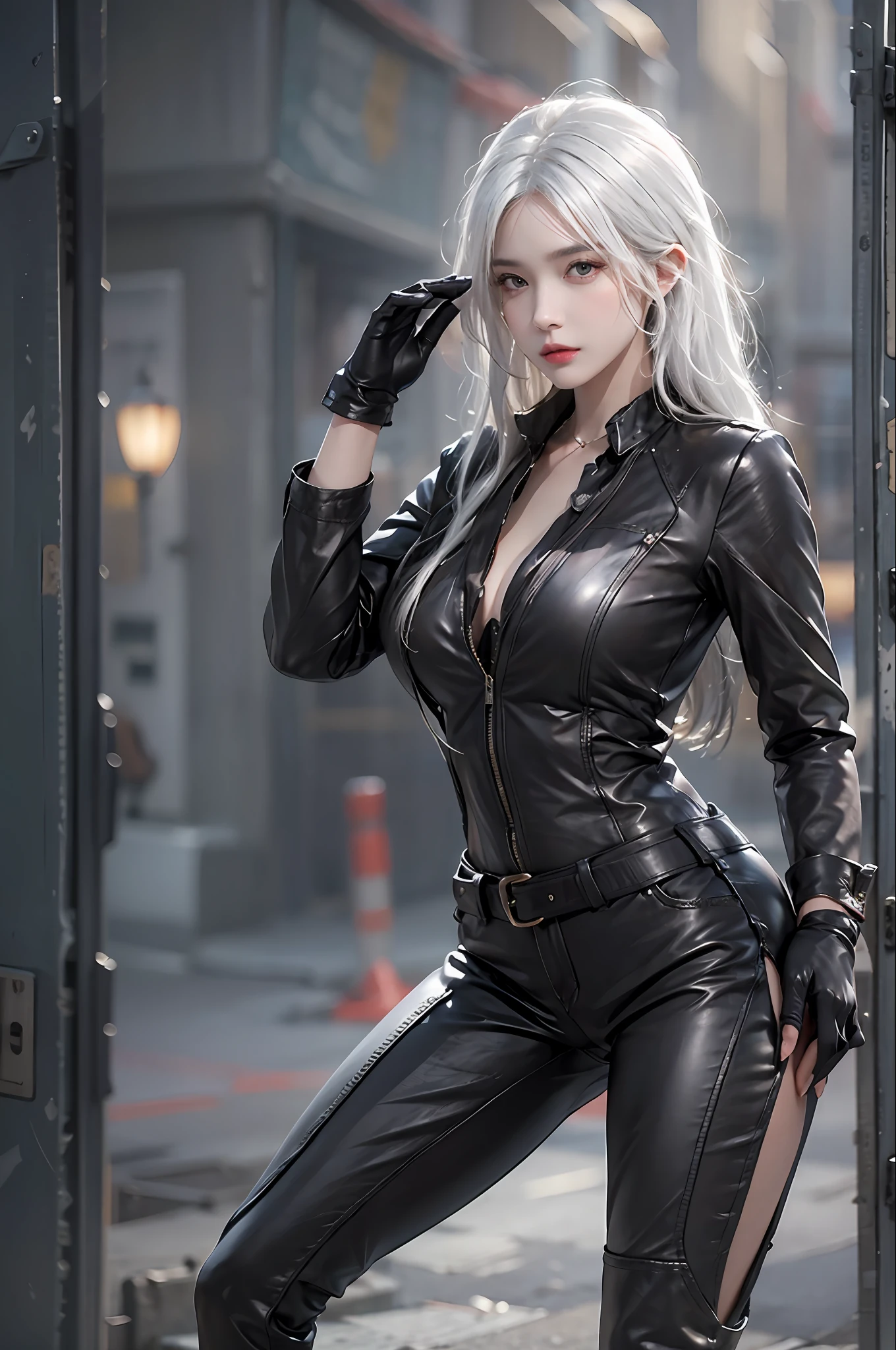 photorealistic, high resolution, 1 women, solo, hips up, look at viewer, (detailed face), white hair, long hair, medium breasts, detective costume, gloves