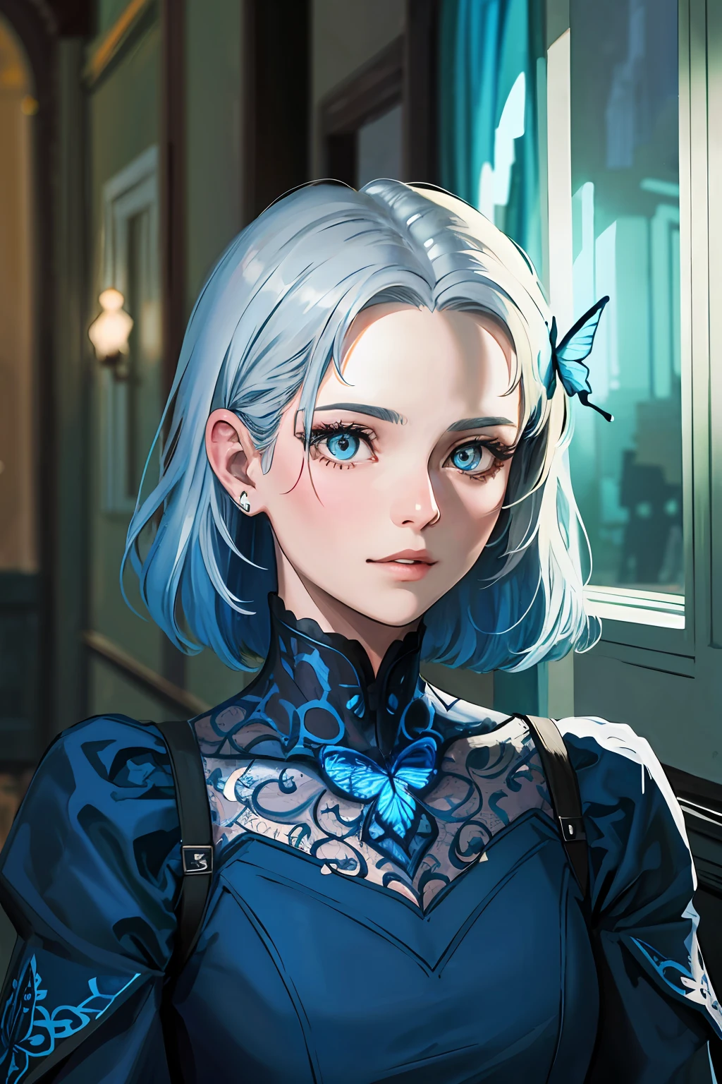 (highres, best quality:1.2), 1girl, radiance, soft contours, beautiful drawing, 8k portrait of beautiful cyborg with blue hair, intricate, elegant, highly detailed, majestic, silver butterfly filigree, broken glass, (masterpiece, sidelighting, finely detailed beautiful eyes: 1.2), hdr, wedding dress, fireworks