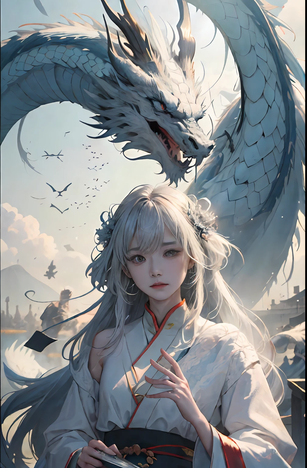 动态照明，Artistic sense，poster for，Volumetriclighting，Very detailed faces，8k wallpaper，Award-Awarded，1 girl with a perfect body，There was a white dragon beside him，Cinematic light and shadow