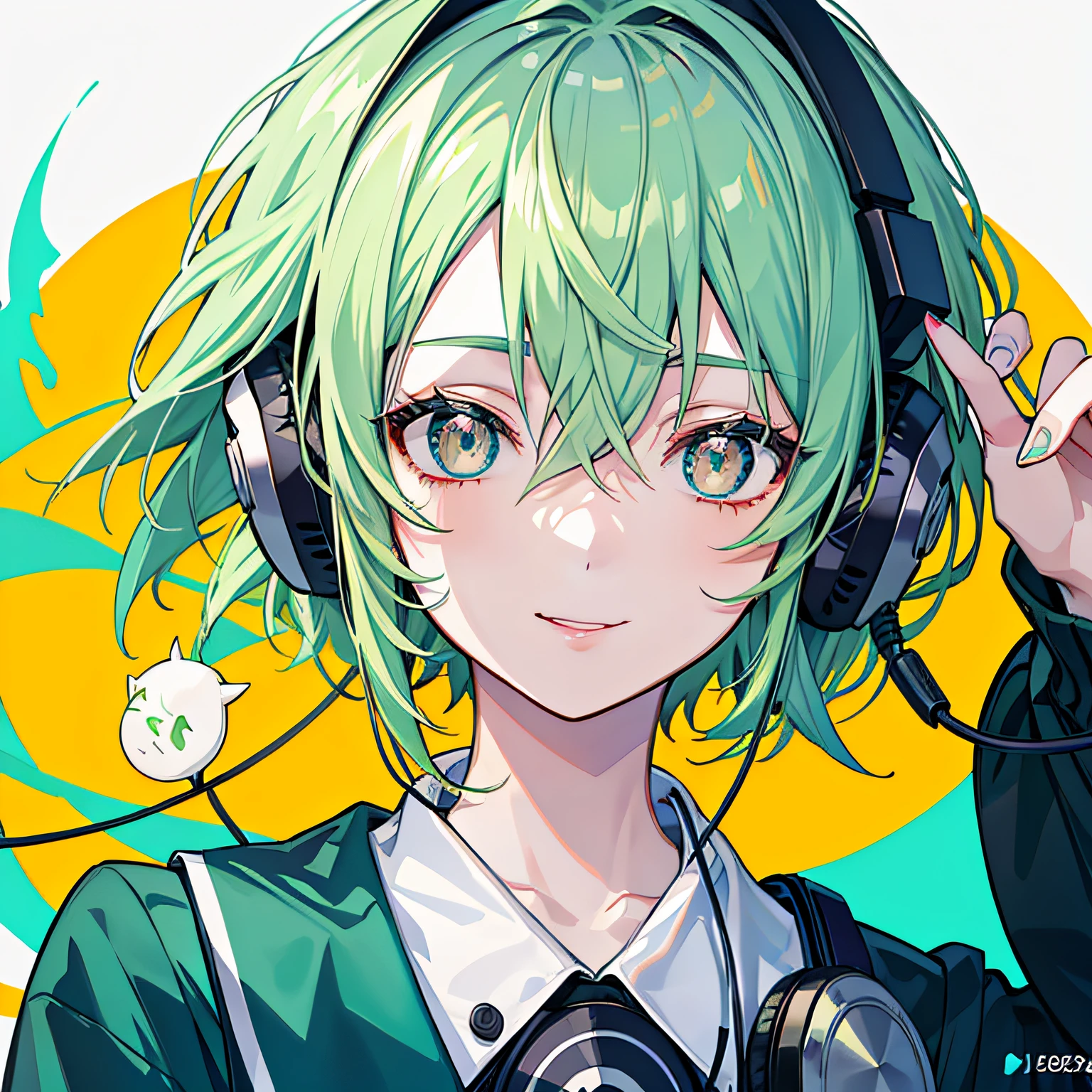 longeyelashes, Solid Circle Eyes, lightsmile, Green hair, Short hair, headphones, Food-themed hair ornaments, stereograms, Tachi-e, Anime style, 8K, Super Detail, ccurate, Best Quality