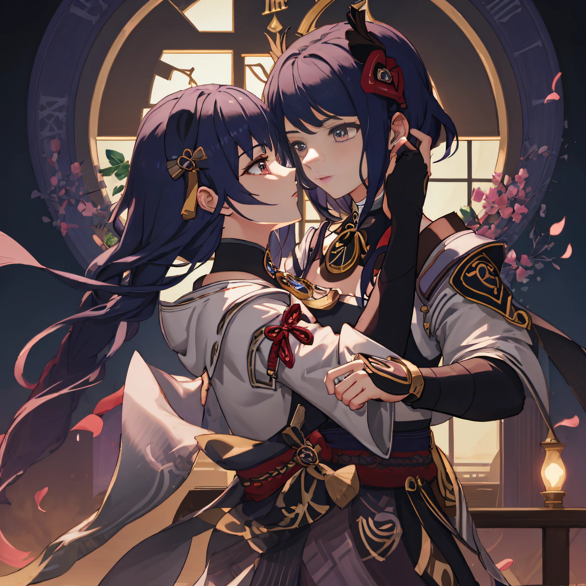 Anime couple hugging in front of a large window with a clock, Keqing from Genshin Impact, genshin, Ayaka Genshin Impact, Zhongli from Genshin impact, from the azur lane videogame, Onmyoji Portrait, Genshin Impact, Game Ayaka Genshin Impact, Onmyoji Detail Art, charachter: Genshin Impact