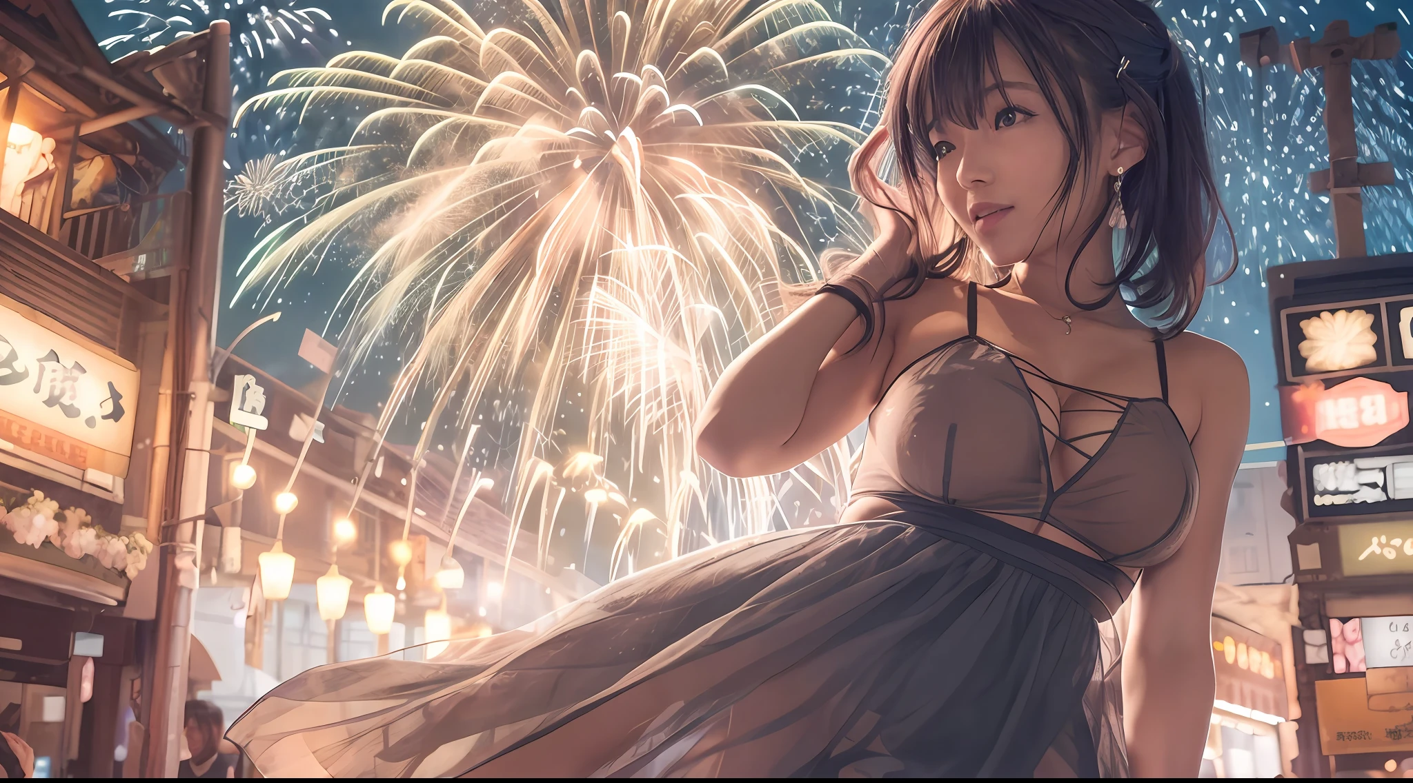 masutepiece, Best Quality, Raw photo、Ultra-realistic hair quality、Movie stills, 1girl in, front, Low-cut Sheer Dress, Big Tits, close-up, Bright, Happy, Warm soft light, (Fireworks: 0.3),japanes、18year old