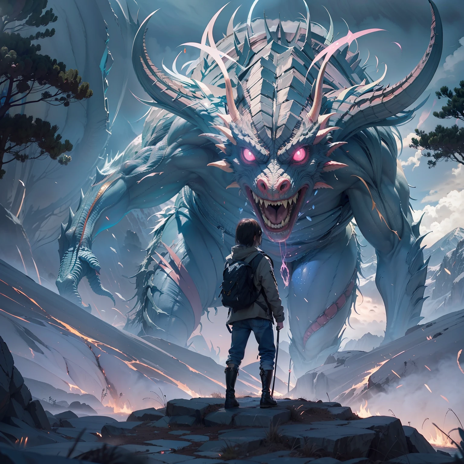 A very detailed highlight painting,Depicts a man on a mountain looking at a giant alien monster,author: Makoto Shinkai,Written by Artgerm,Author wlop,Written by Greg Rutkowski,Volumetriclighting,rendering by octane,4K 分辨率,ArtStation Trends,tmasterpiece,visions,Look up(2:3),mizore,{Big mountain in the background},the trees,Highlight the monsters。