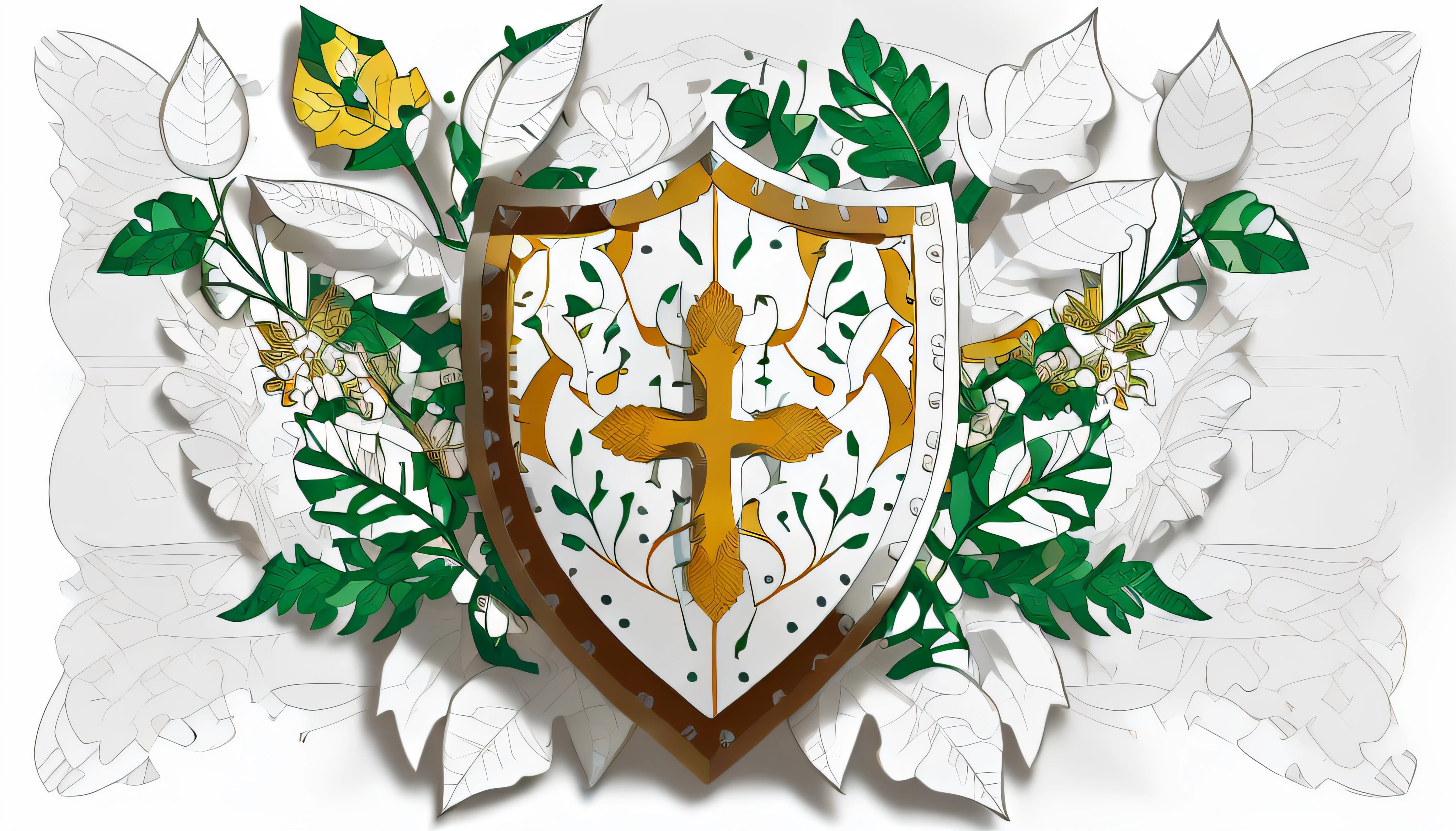 "Shield with cross on white background, Detailed shield design, Shield emblem, Highly detailed digital illustrations, Full-color vector art, Medieval graphics, Flat Illustration, Spring 24 summer fashion trend color"
