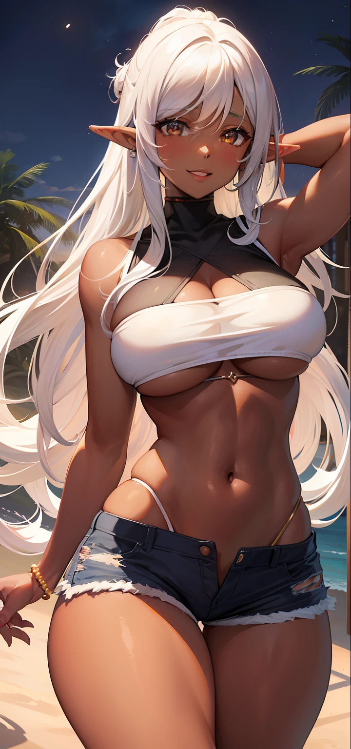 brazilian woman, dark skin, perfect brown eyes, details, elf ear, eyebrow, smiling, lips, long straight white hair, sweatshirt neckline on breasts, neckline on belly, short ripped open shorts, thin waist, thick legs, thick thighs, background scenery, rio de janeiro ultra detailed, on the beach, night light, night, beautiful night