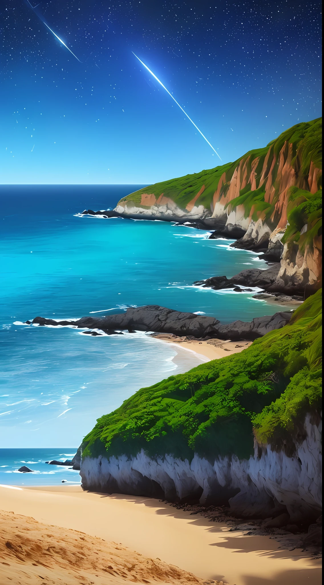 Uma praia azul brilhando com as luzes das estrelas, The water reflected the brightness of the stars, com pequenas ondas tranquilas, mar sem fim, noite, coqueiros longos, areia fina e minimamente brilhante, Obra-prima, melhor qualidade, (papel de parede 8k de unidade CG muito detalhado) (melhor qualidade), (best illustration), (melhores sombras)