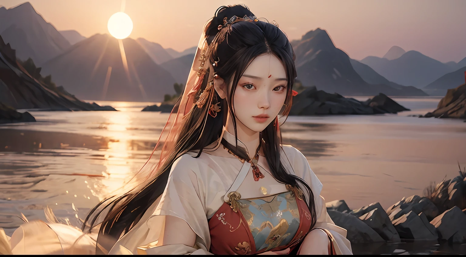 NSFW，（RAW photos，best qualtiy），（realisticlying，photograph realistic：1.3），best qualtiy，highly  detailed，tmasterpiece，ultra - detailed，illustratio，1girll，dynamic angle，Masterpiece Theatre of the World，Messy_Long_Hair，best qualtiy，the Extremely Detailed CG Unity 8K Wallpapers，ink，astounding，cinmatic lighting，lens_flare，dunhuang_Style，s the perfect face，delicated face，eye detailed，Milky skin，Dusk background（Red sunset，1.5），Ancient China，Gentle and mature，Draped with hair，（stand by river，1.5），（Modest clothes，1.5），（simple hairstyle，1.5），upper body,