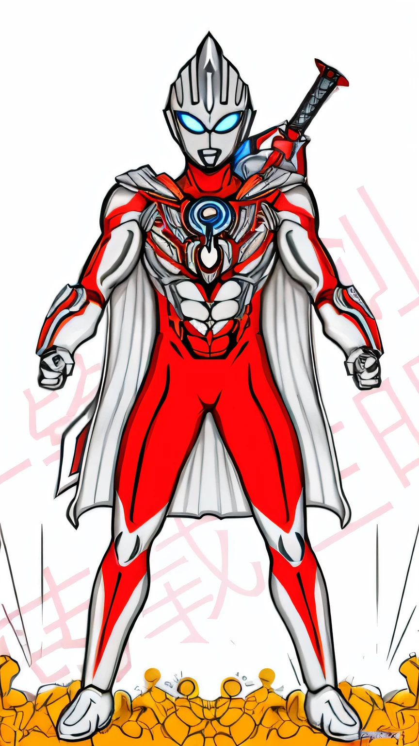 A caricature,A man in a red suit holding a sword, full body concept, new costume concept design, full body zenkai! asuka suit, detailed full-body concept, ultra hyper-detailed, ultra mega super hyper detail, clear outfit design, Tokusatsu, full body with costume, full samurai armor spiderman, tokusatsu suit vaporwave, White and red armor