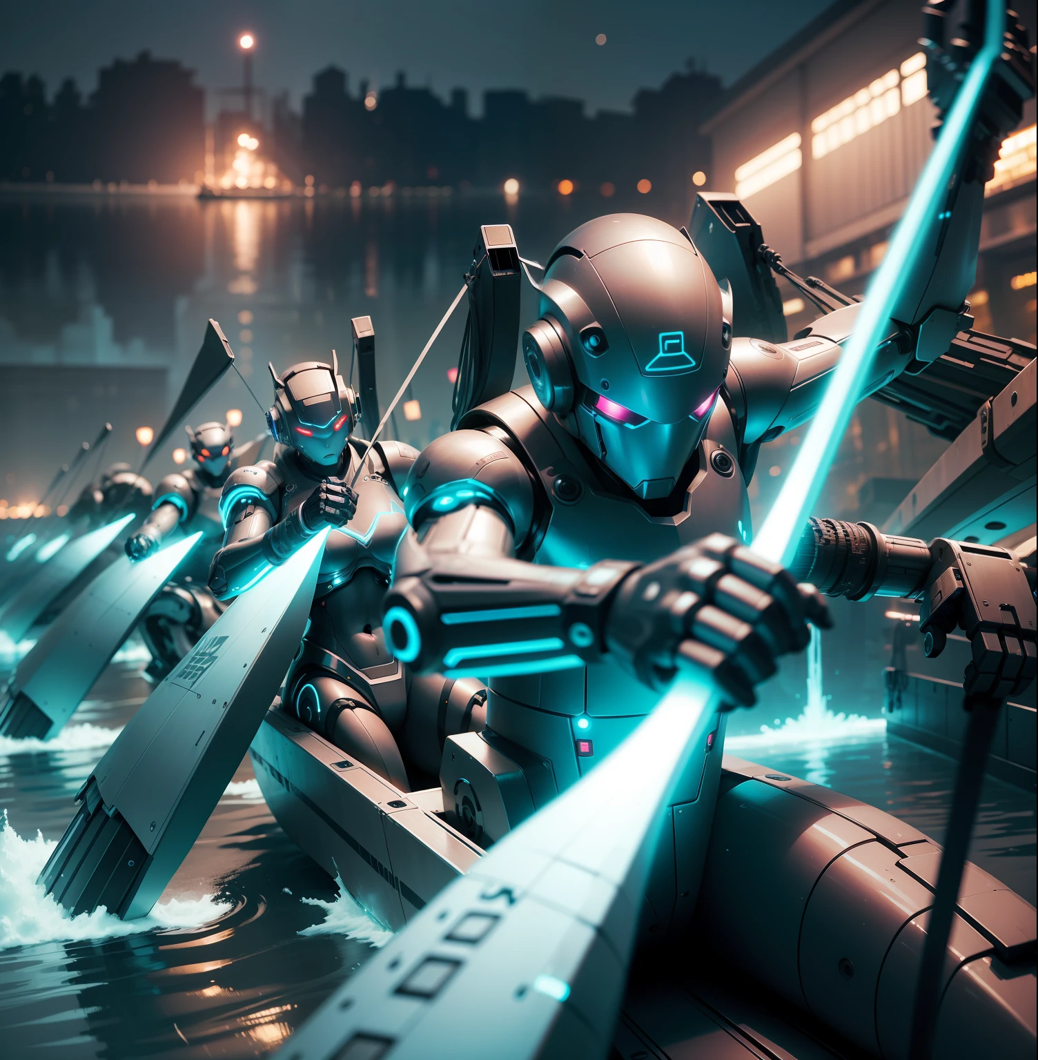 the night,A group of robots are rowing a robot boat,cyber punk style,depth of fields,Splashes,future-tech,Sci-fi texture,Exposed machinery and circuits,mechanized,Rich materials,exquisite detailing,real photograph