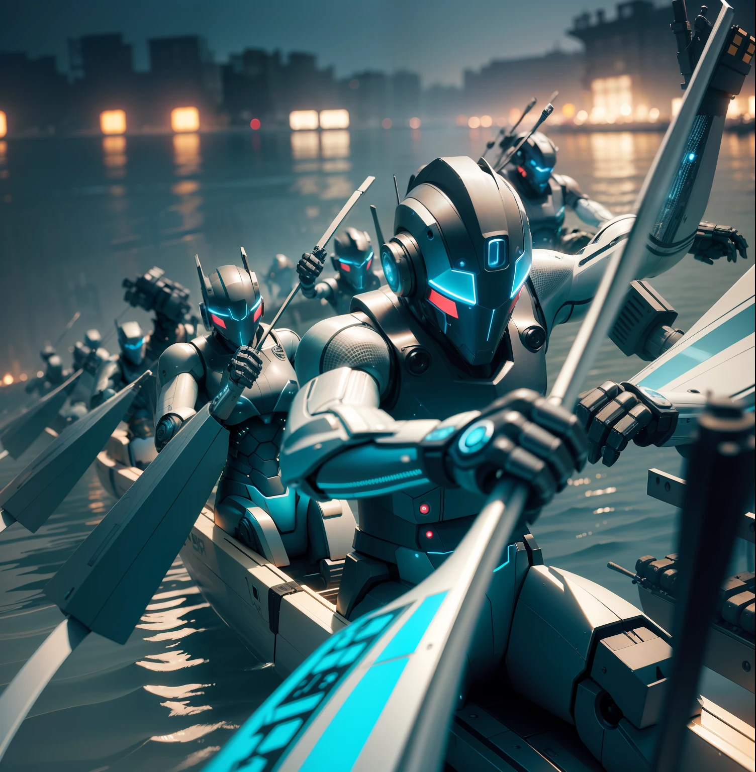 the night，A group of robots are rowing a robot boat，cyber punk style，depth of fields，Splashes，future-tech，Sci-fi texture，Exposed machinery and circuits，mechanized，Rich materials，exquisite detailing，real photograph