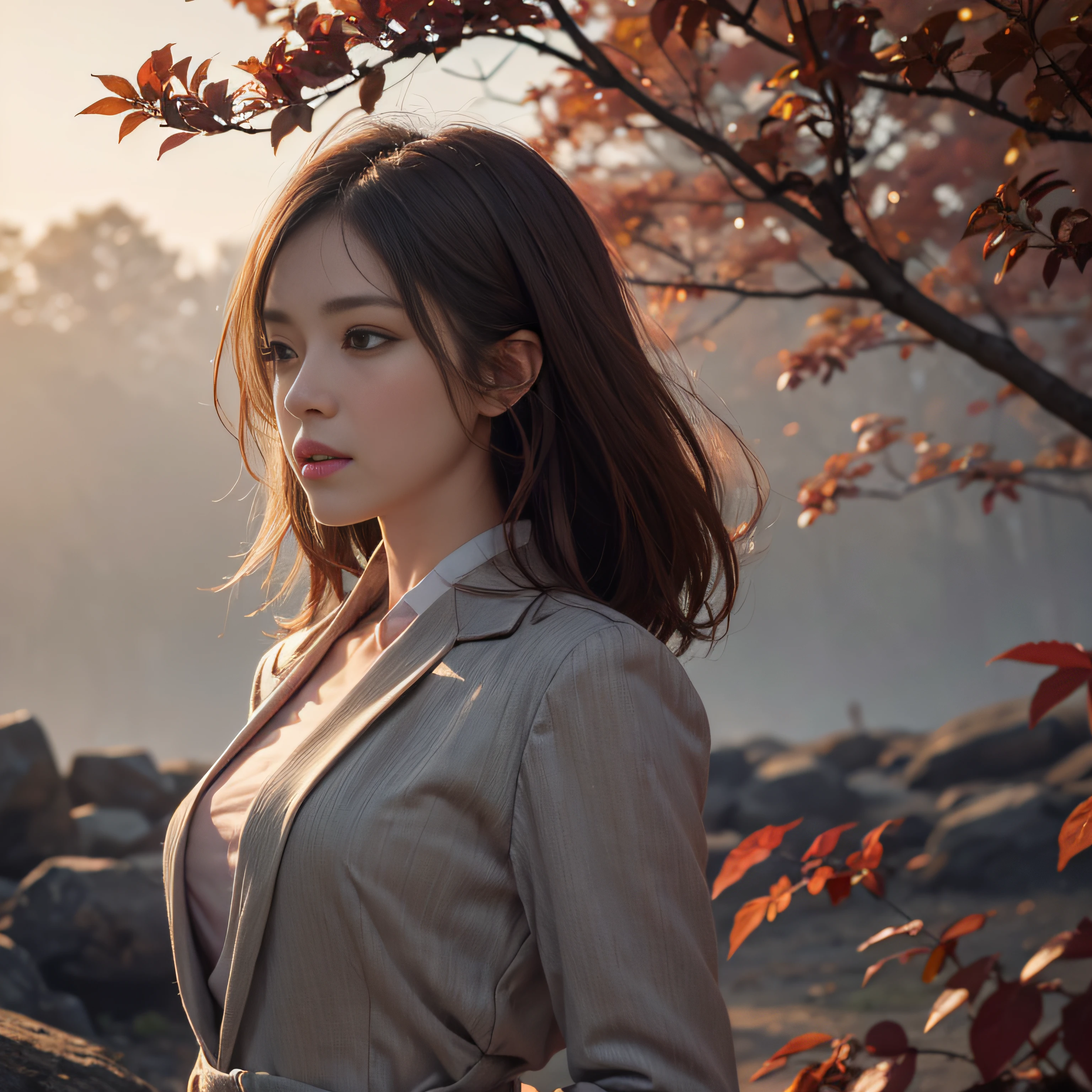 photo of a 20yo woman, waist up, looking at camera, wear suit, (againts pink leaves) tree, natural skin texture, 4k textures, soft cinematic light, intricate details, elegant, highly detailed, sharp focus, soothing tones, exposure blend, hdr, faded, hyperdetailed, backlighting, 85mm, close-up, best quality, photorealistic, volumetric fog, analog style, (cinematic look)