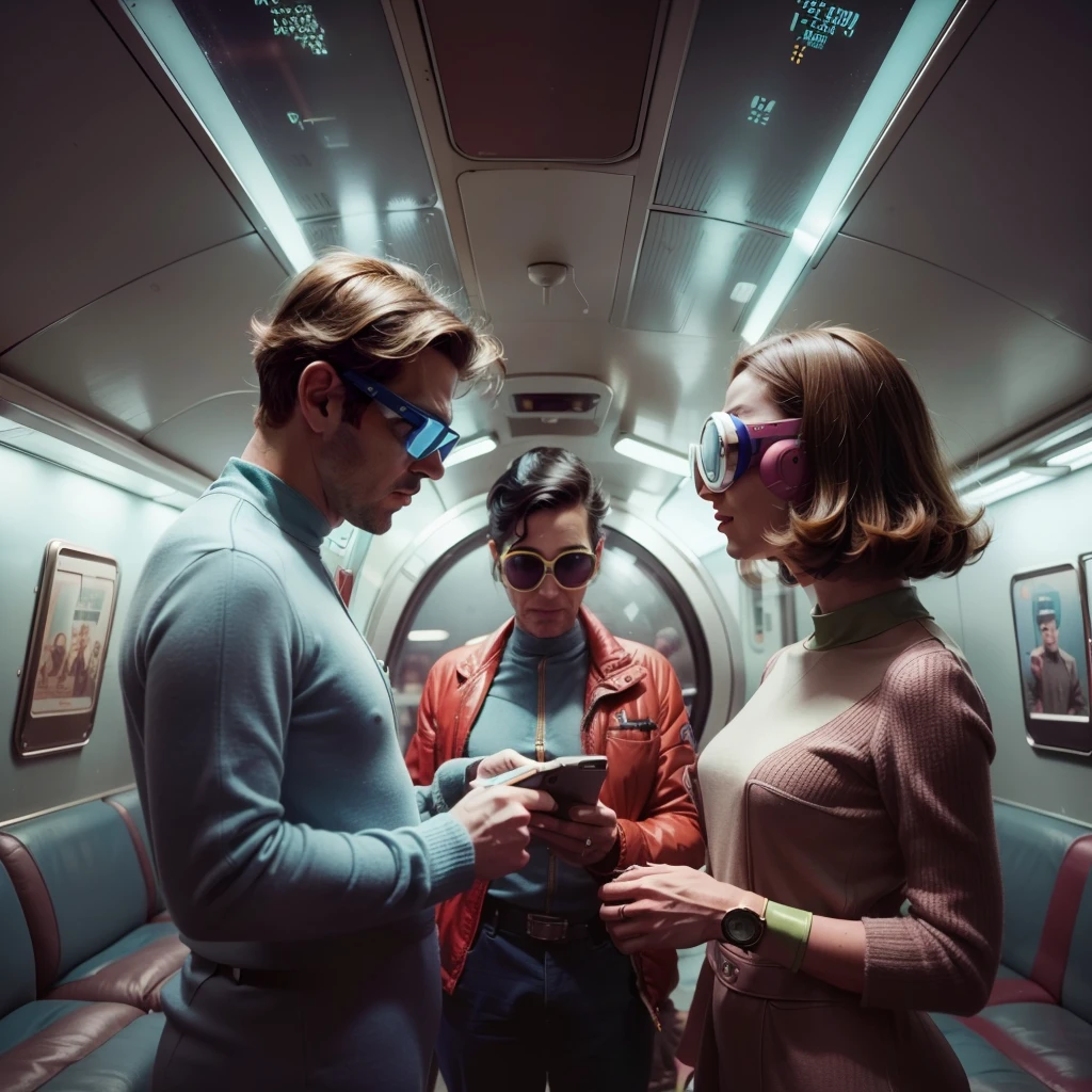 4k image from a 1960s science fiction film, Imagem do filme de Wes Anderson, pastels colors, A man with strange technological glasses and a woman with alien mask and an android are wearing retro-futuristic fashion clothes and futuristic technological ornaments and devices on the subway, Luz Natural, cinemactic, Psicodelia, retro-futurista,