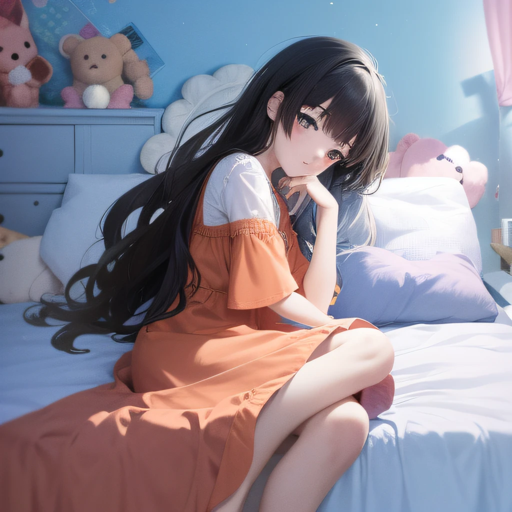 Anime girl sitting on bed in orange dress with stuffed animals, loli in dress, anime moe art style, sitting on her bed, sit on a bed, Sitting on the bed, at pixiv, Pisif, someone sits in bed, Digital anime illustration, Loli, sitting in her room, late morning, made with anime painter studio, author：New Art