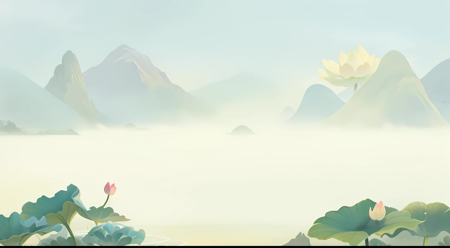 an image of an asian landscape with mountains and cloud in the background, in the style of fantastical otherworldly visions,((no human)),(((Lotus))),shining day, large lotus leaf, ancient Chinese illustrator,summer afternoon,misty,Lotus Pond Landscape,flowing tulle, light silk,lotus, ((ink painting style)), clean color, hot spring, water vapor, light cyan and gold, intricately mapped worlds, hyperrealistic illustrations, romanticized cityscapes, detailed character illustrations, organic shapes and curved lines