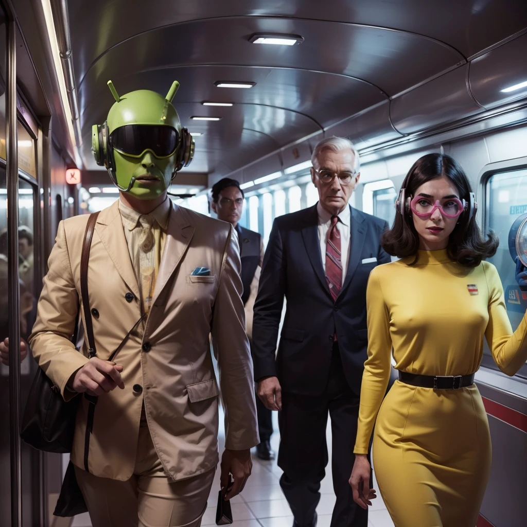 4k image from a 1960s science fiction film, Imagem do filme de Wes Anderson, pastels colors, A man with strange technological glasses and a woman with alien mask and an android are wearing retro-futuristic fashion clothes and futuristic technological ornaments and devices on the subway, Luz Natural, cinemactic, Psicodelia, retro-futurista,