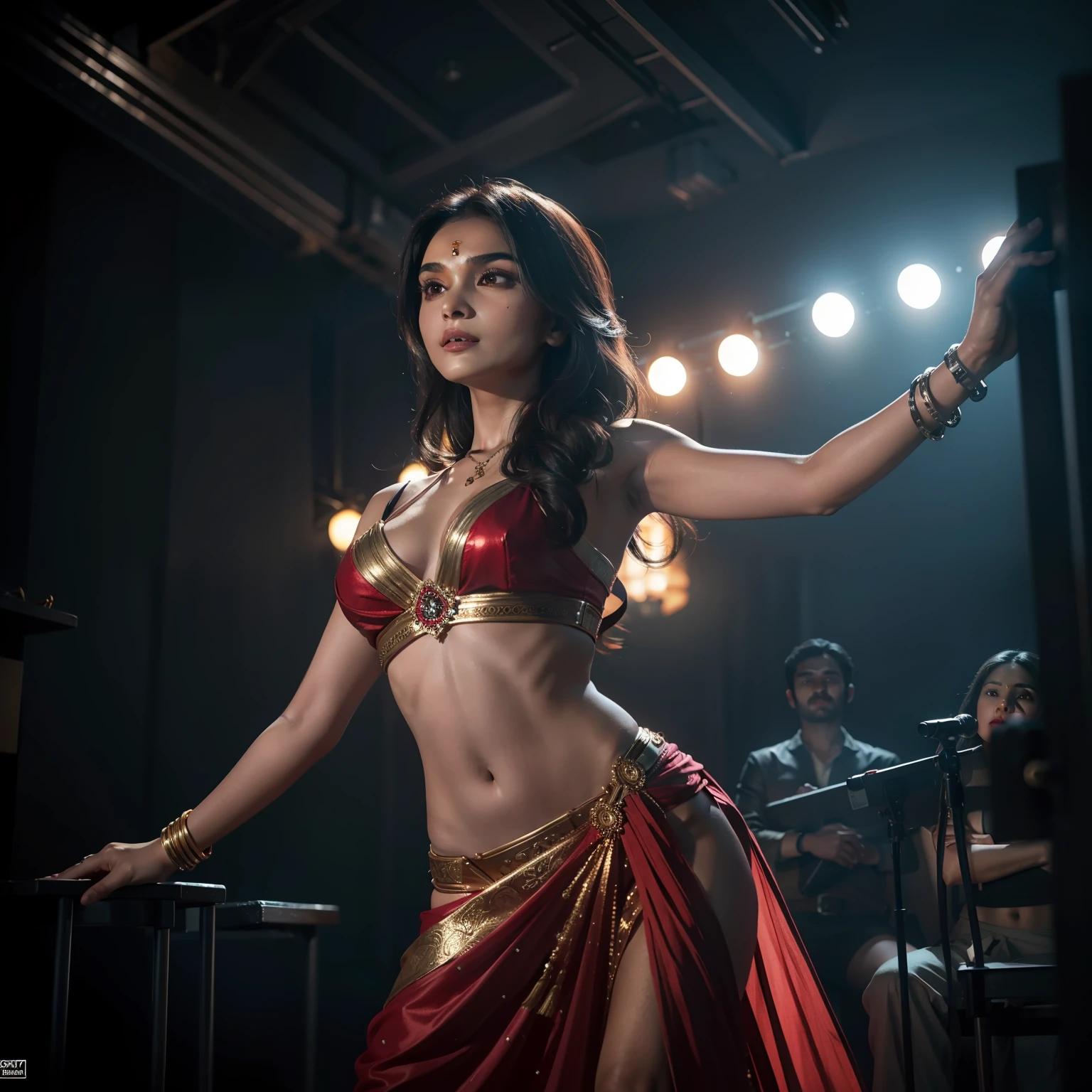 "Andrea Jeremiah, a talented actress and singer, posing confidently in a vibrant and dynamic setting. Her expressive eyes and captivating presence bring life to the scene. The surroundings are filled with bursts of colorful lights and visually stunning elements, emphasizing her artistic talent. The composition is carefully balanced, showcasing her beauty against a backdrop of dramatic lighting and intriguing shadows. The overall atmosphere exudes passion and creativity, leaving viewers captivated by her performance."