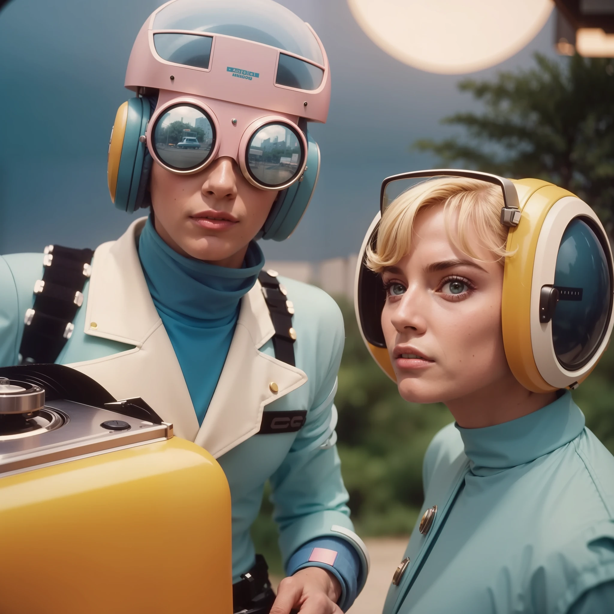 4k picture of a 1970's sci-fi movie, real picture, Wes Anderson style, pastel colors, people wearing retro-futuristic fashion clothes and futuristic technological ornaments and devices, natural light, cinematic, psychedelia, weird futuristic, retro-futuristic,