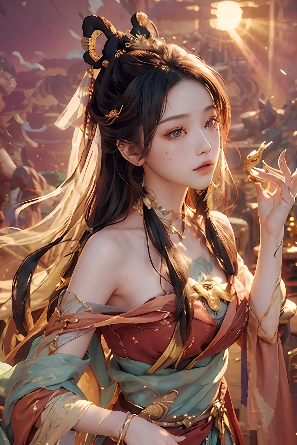 nsfw,(RAW photos,best qualtiy),(realisticlying,photograph realistic:1.3),best qualtiy,highly detailed,tmasterpiece,ultra - detailed,illustratio,1girll,upper_body,dynamic angle,Masterpiece Theatre of the World,messy_long_hair,best qualtiy,the Extremely Detailed CG Unity 8K Wallpapers,ink,astounding,cinmatic lighting,lens_flare,dunhuang_style,s the perfect face,delicated face,eye detailed,Milky skin,Dusk background(Red sunset,1.5),Ancient China,Gentle and mature,Draped with hair,(Beside the riverbank,1.5),standing on your feet,(hesitate,1.5)