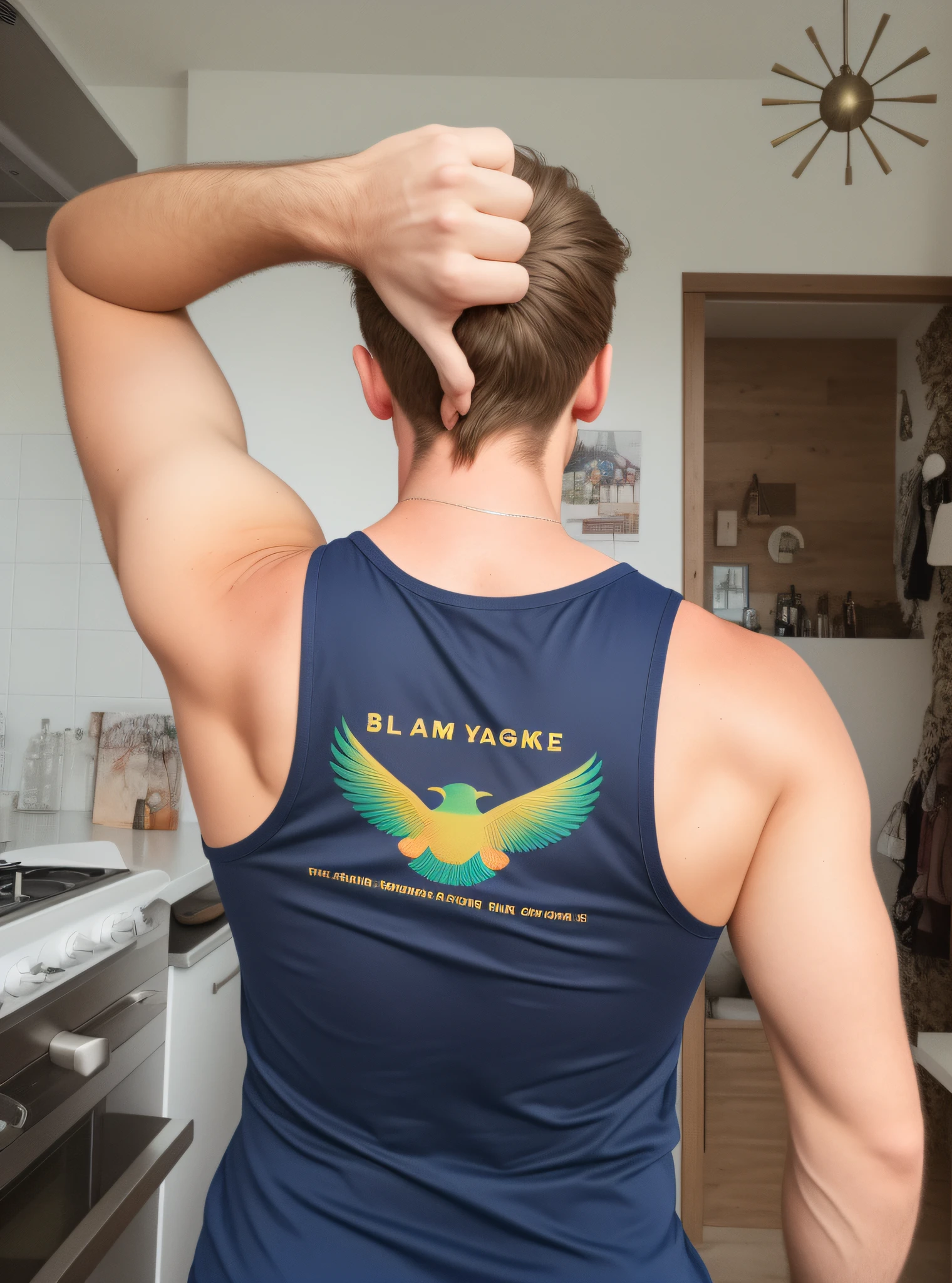 There is a man standing with his hands on his head, tragend : tanktop, back - view, Tanktop tragen, Back view, Tragen eines Tanktops, Tank-Top, Blick von hinten, Foto von hinten, von hinten fotografiert, Also rear view, Wings on the back, Von hinten gesehen, From back