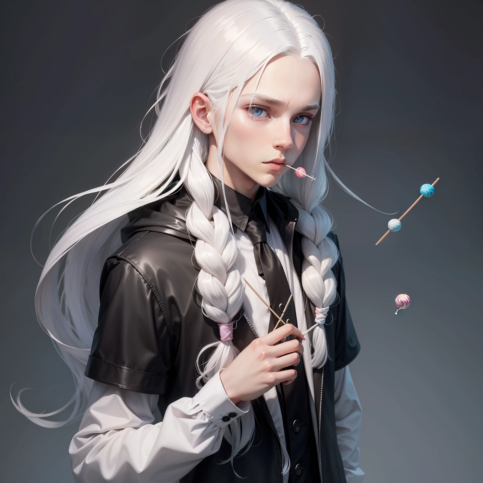 The boy with white hair,long whitr hair,quadratic element,Lollipop in hand