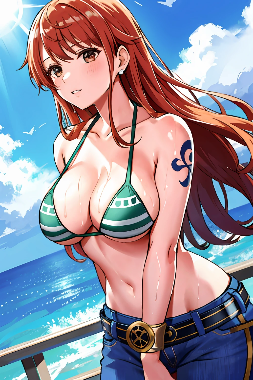 detailed background, masterpiece, 4k, best quality, late youth, adult, wrestler body, 1girl, active, energic, uppercut, (large mouth) , solo, nami \(one piece\), 1girl, bangle, (very wet, drenched in sweat, sweat all over body, very wet hair, tired, taking breath, open mouth, hand on stomach, sweaty face, sweaty body, panting, sweating too much, shiny sweat, sweat stains, leaning forward, tilting, hands on knees, waving good bye), perfect detailed face, bold drawing lines, muscular arms, detailed bold arm lines, flat jaw, adult woman, wavy wide streaked bangs, floating bang streaks, (big cheeks), bare shoulders, off-shoulders, belt, bikini, bikini top only, blue sky, bracelet, springy breasts, breast lines, big round eyes, plain big brown shiny eyes, bubbles, high eye position, cleavage, cloud, day, denim, earrings, floating hair, shiny hair, green belt, green bikini, bold groin lines, jeans, jewelry, large breasts, log pose, long hair, looking at viewer, navel, wet hair, orange hair, pants, shoulder tattoo, sidelocks, sky, solo, standing, stomach, swimsuit, tattoo , looking at viewer, open mouth, detailed left arm, big forehead, hourglass figure, small head, toned body, wide hair, wind effect, sun effect, under the sun, narrow small ears angle, older, random poses,
